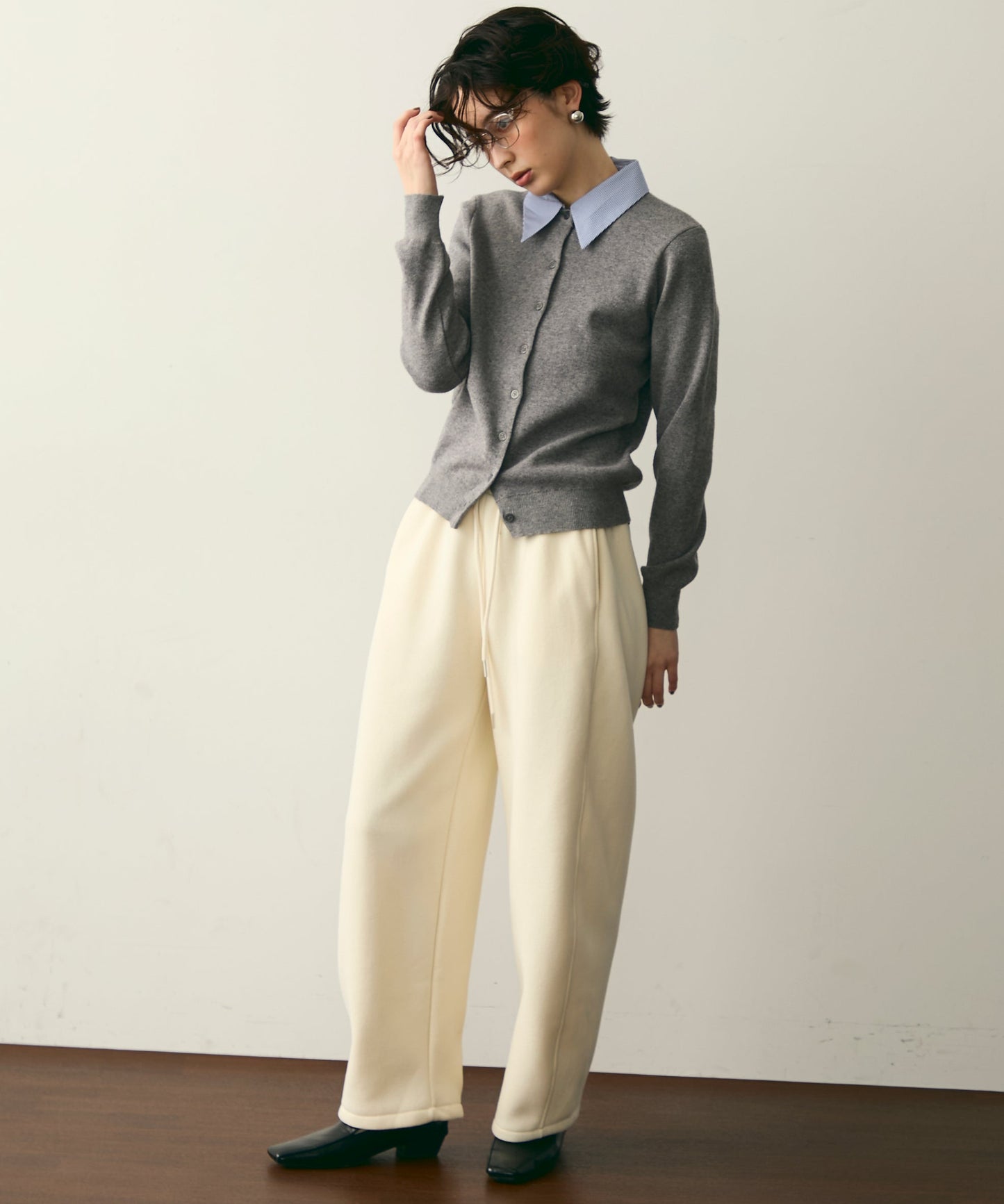 【衿取り外し可能】ストライプ衿ニットカーディガン