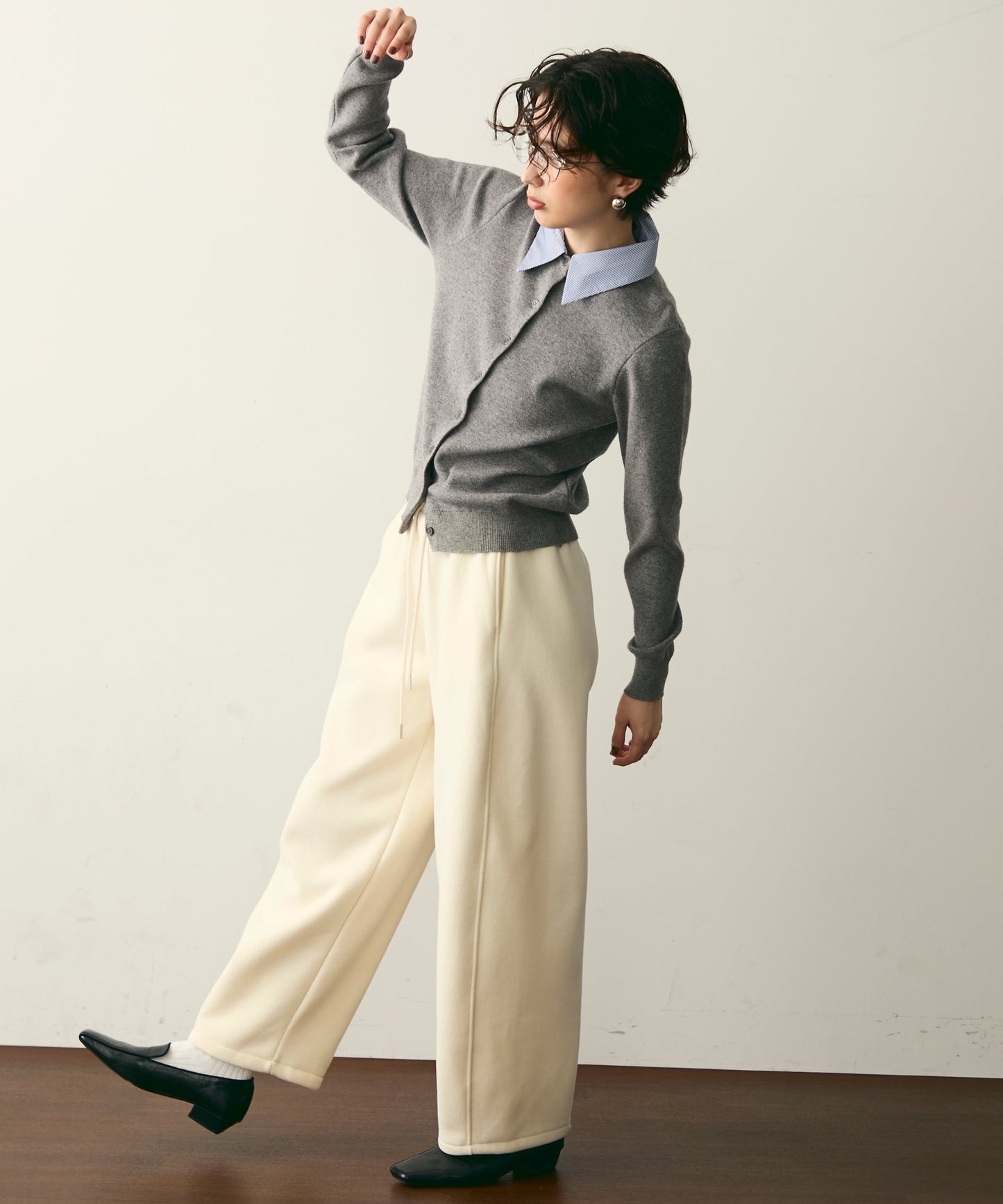 【衿取り外し可能】ストライプ衿ニットカーディガン