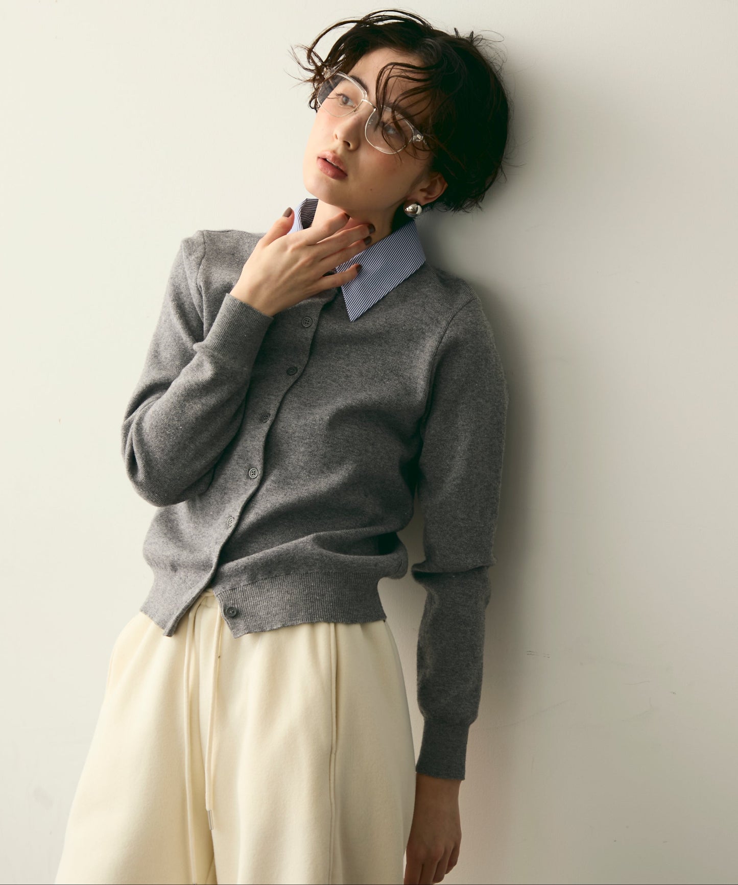 【衿取り外し可能】ストライプ衿ニットカーディガン