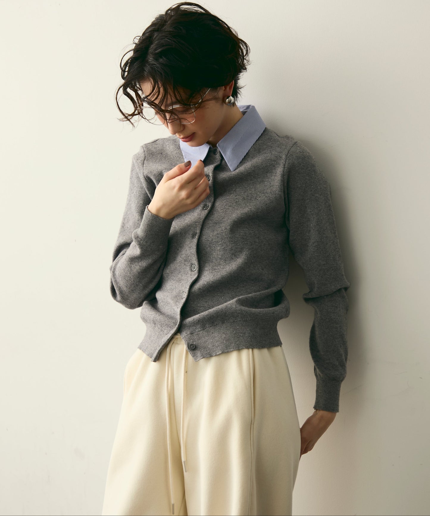 【衿取り外し可能】ストライプ衿ニットカーディガン