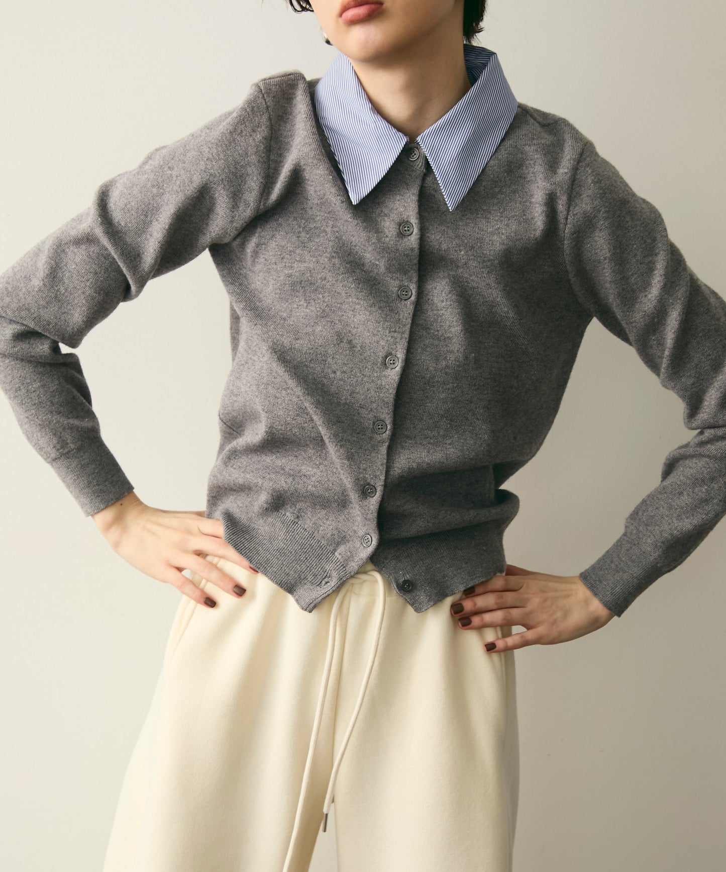 【衿取り外し可能】ストライプ衿ニットカーディガン