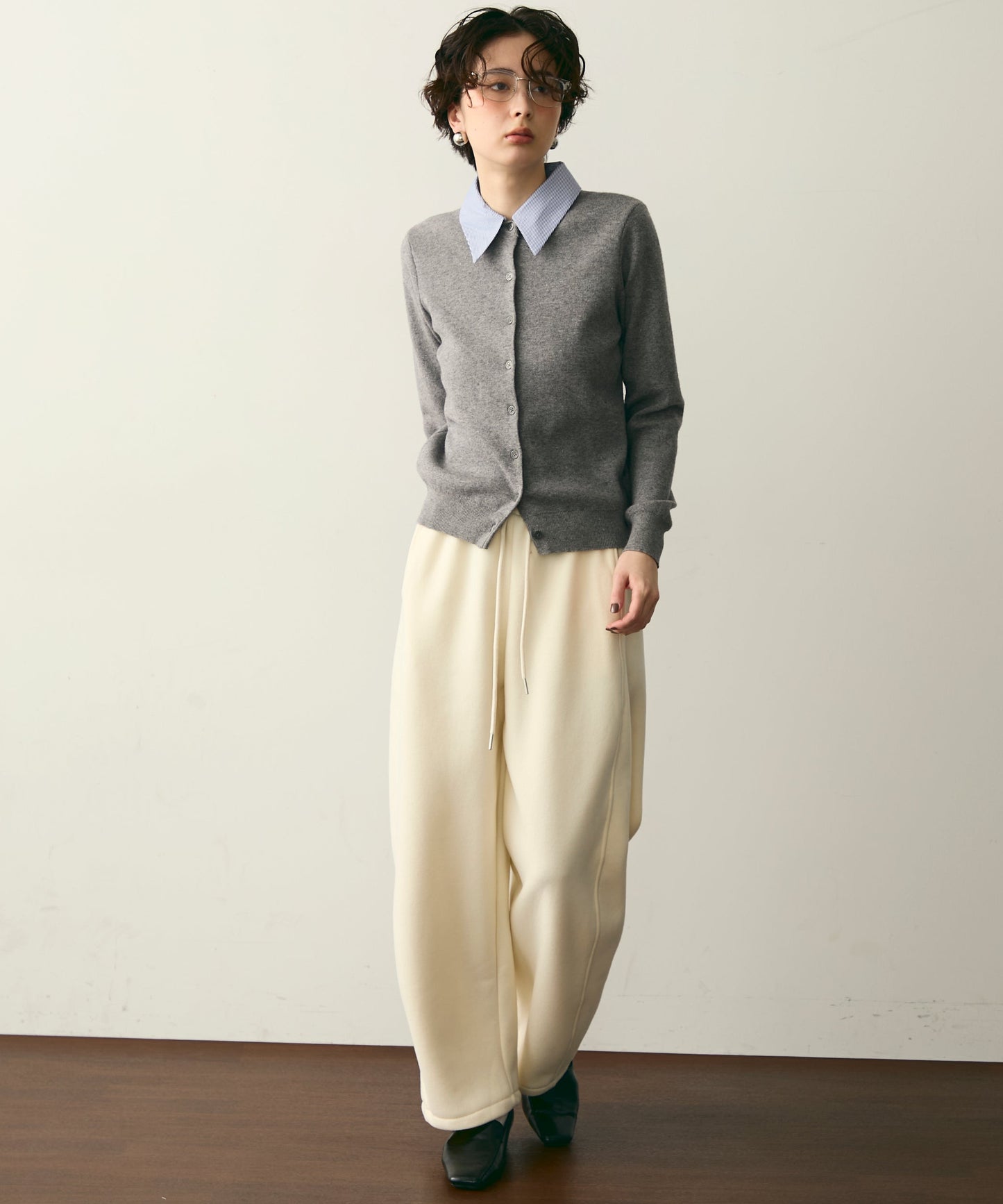 【衿取り外し可能】ストライプ衿ニットカーディガン