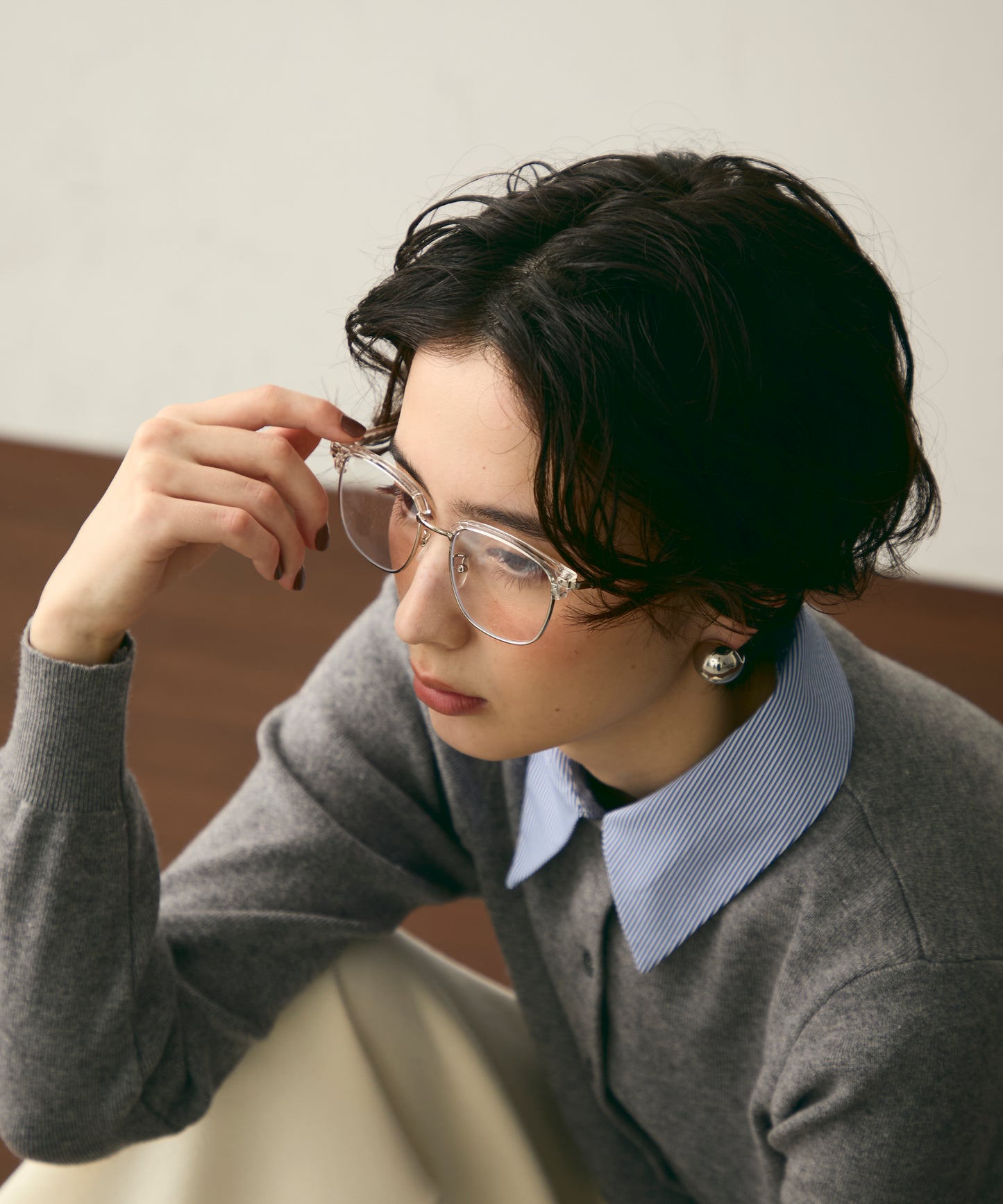 【衿取り外し可能】ストライプ衿ニットカーディガン