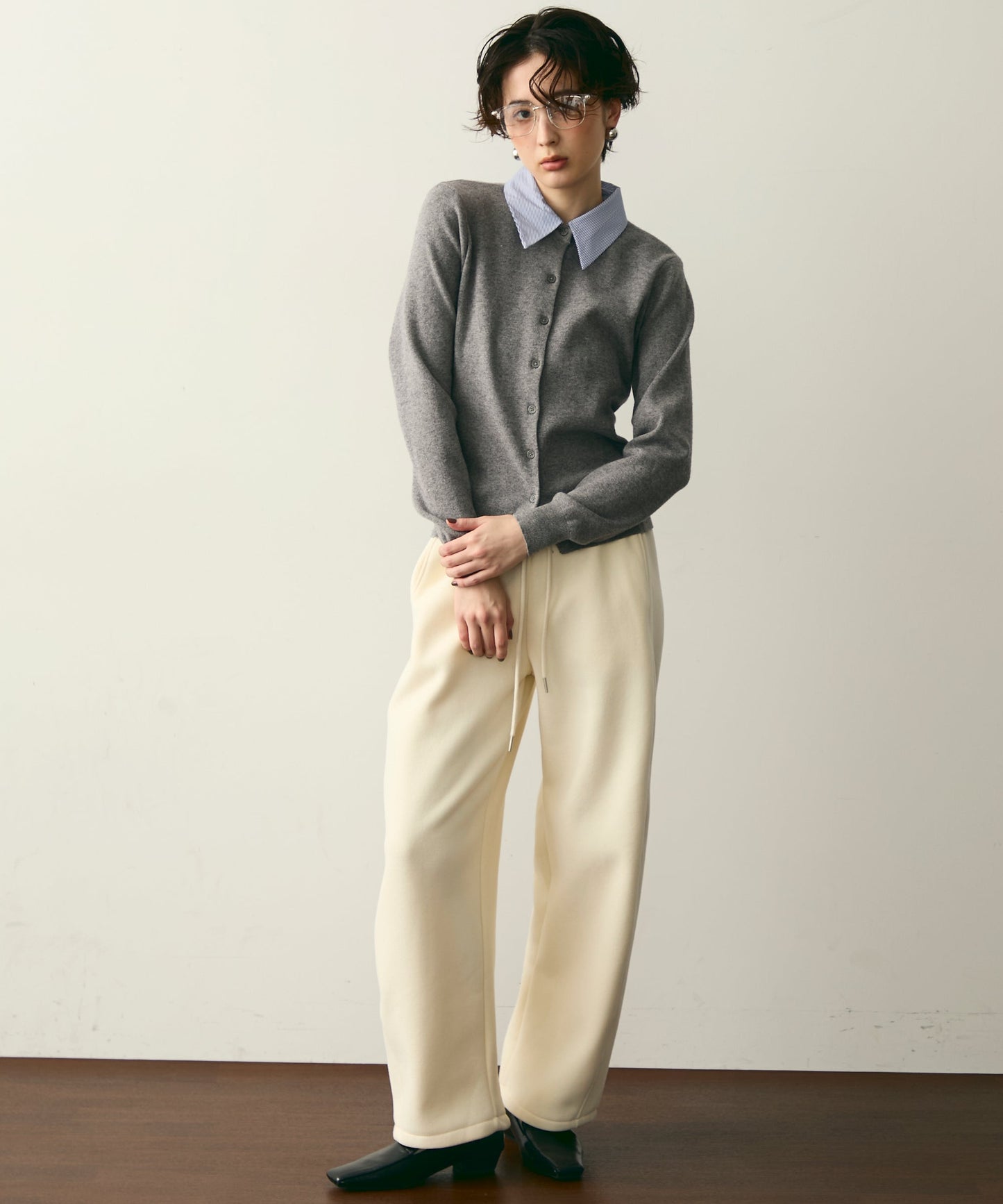 【衿取り外し可能】ストライプ衿ニットカーディガン