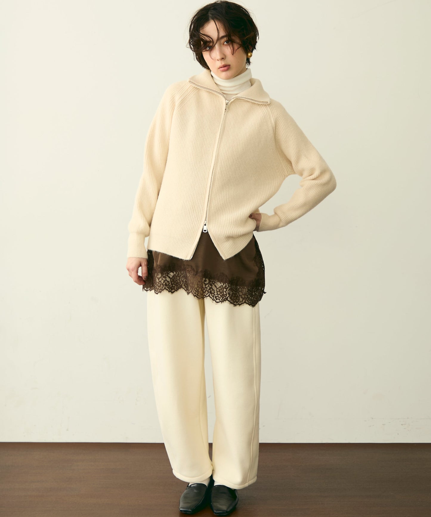 ハイネックダブルZIPラグランニットカーディガン