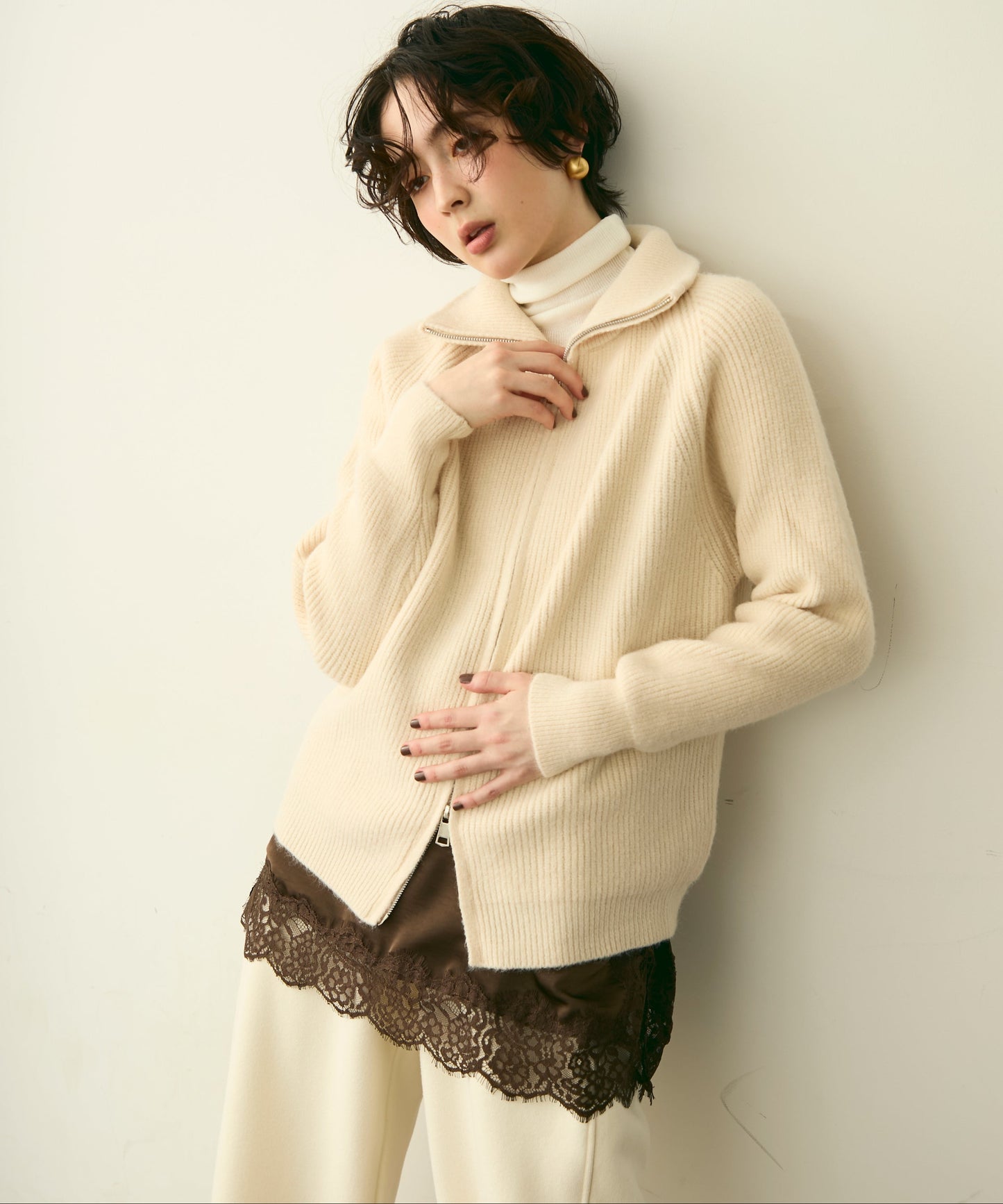 ハイネックダブルZIPラグランニットカーディガン