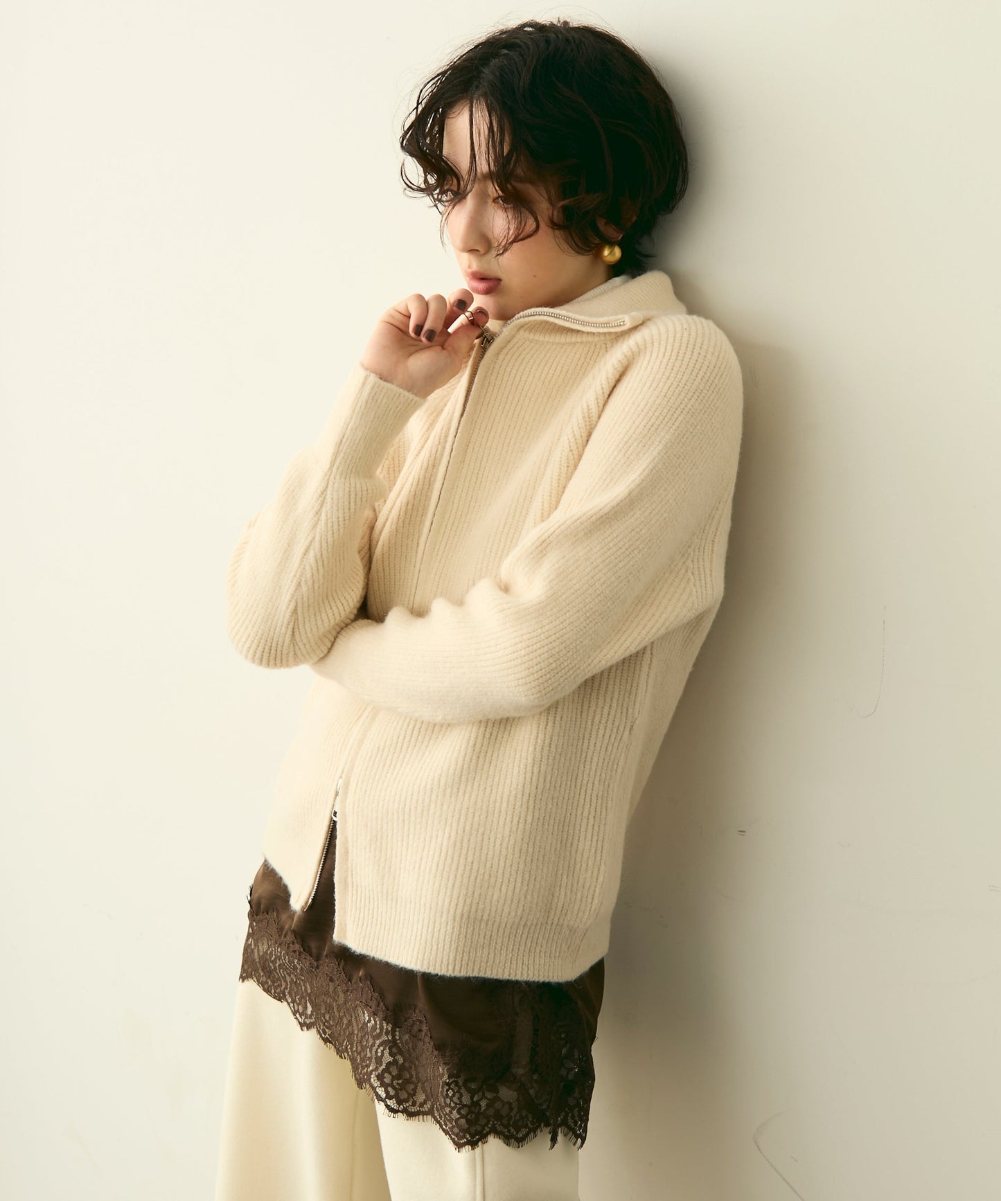 ハイネックダブルZIPラグランニットカーディガン