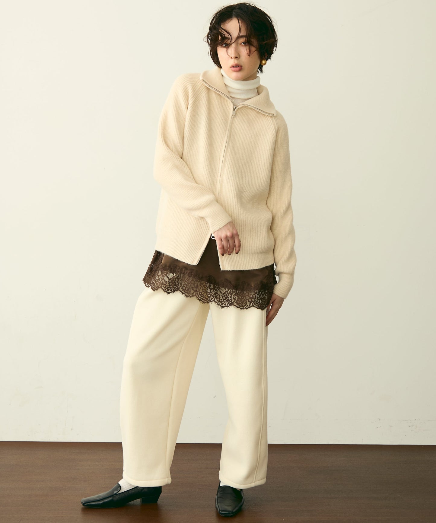 ハイネックダブルZIPラグランニットカーディガン