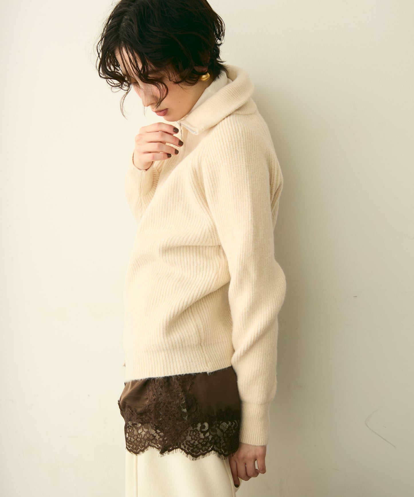 ハイネックダブルZIPラグランニットカーディガン