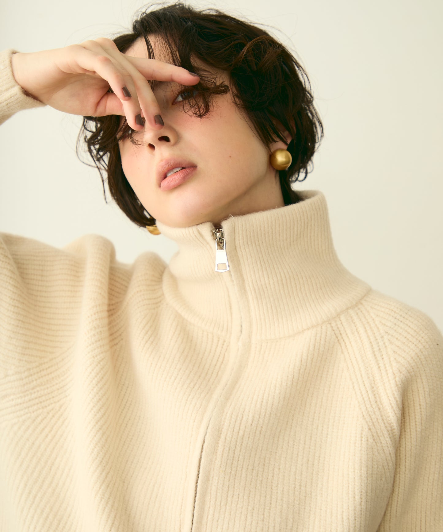 ハイネックダブルZIPラグランニットカーディガン