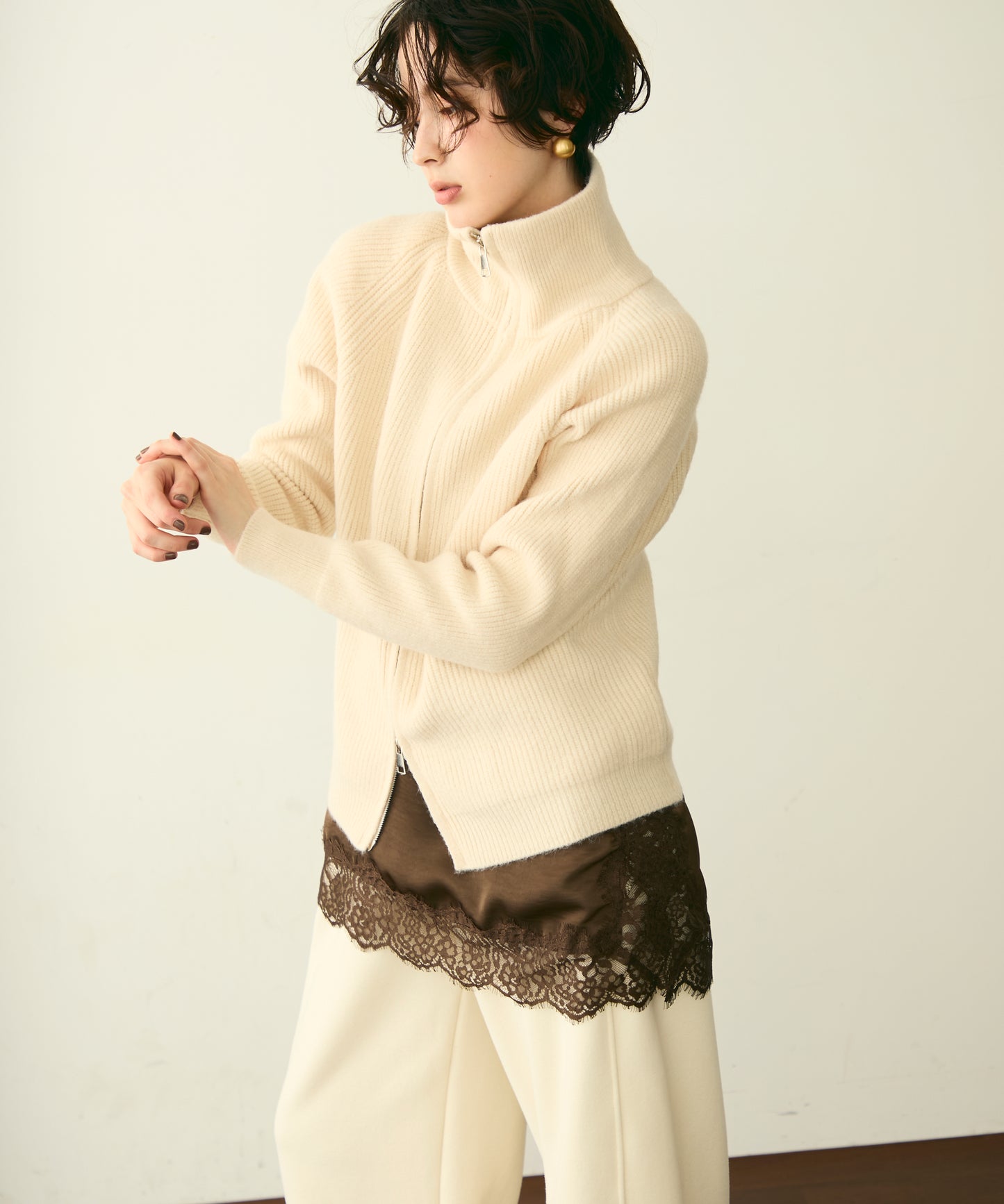 ハイネックダブルZIPラグランニットカーディガン