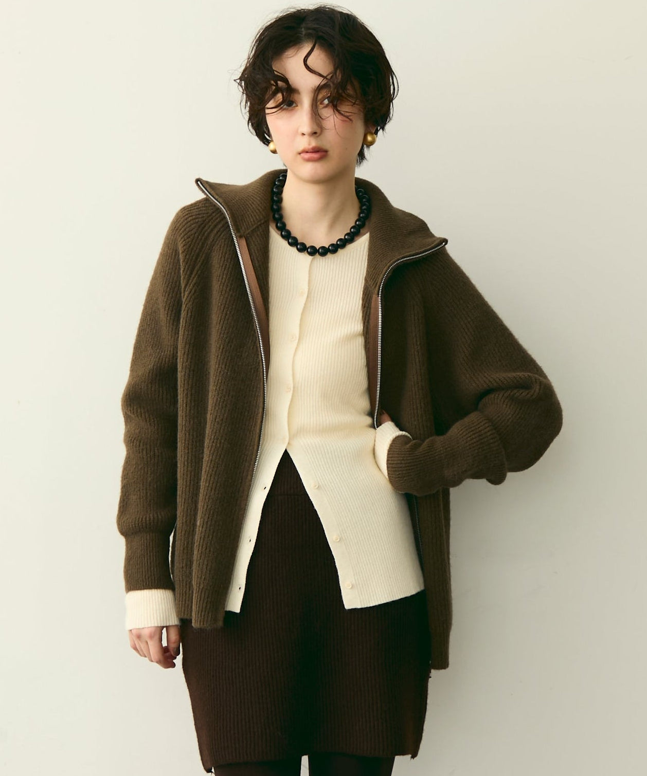 ハイネックダブルZIPラグランニットカーディガン