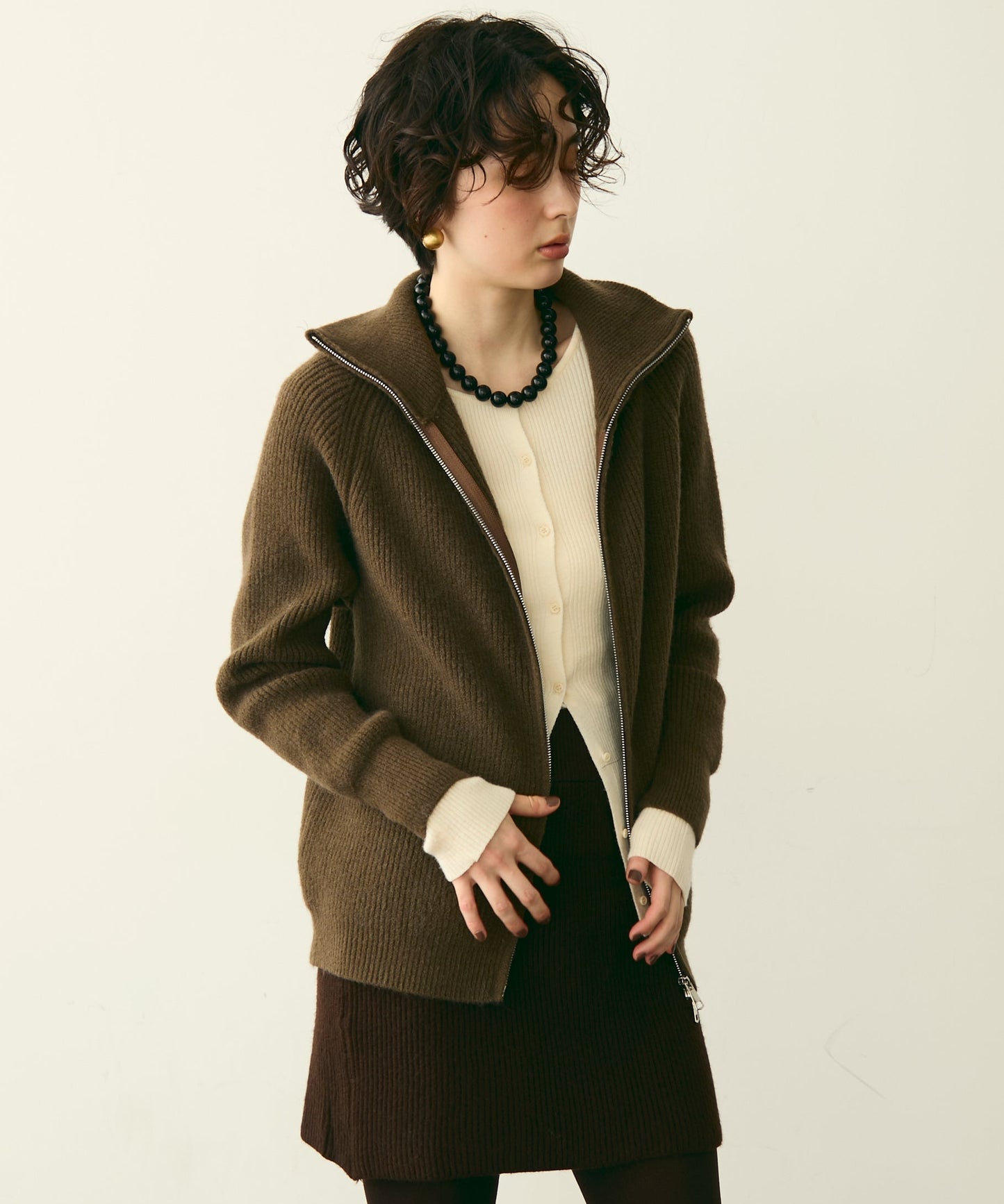 ハイネックダブルZIPラグランニットカーディガン