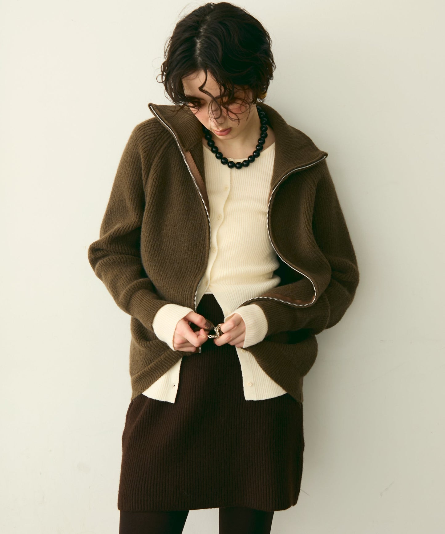 ハイネックダブルZIPラグランニットカーディガン