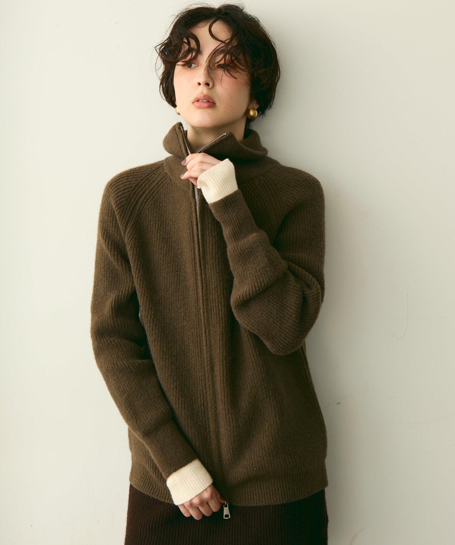 ハイネックダブルZIPラグランニットカーディガン