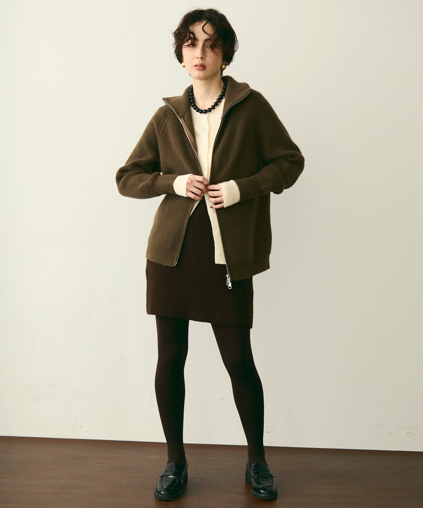 ハイネックダブルZIPラグランニットカーディガン