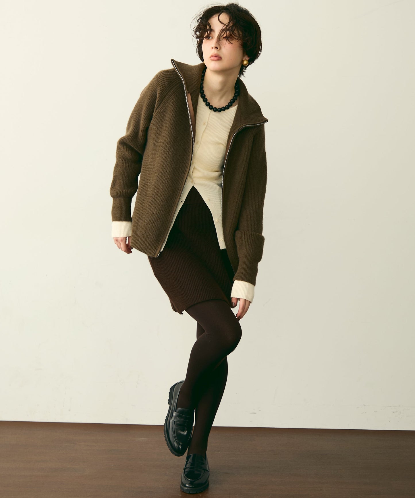 ハイネックダブルZIPラグランニットカーディガン