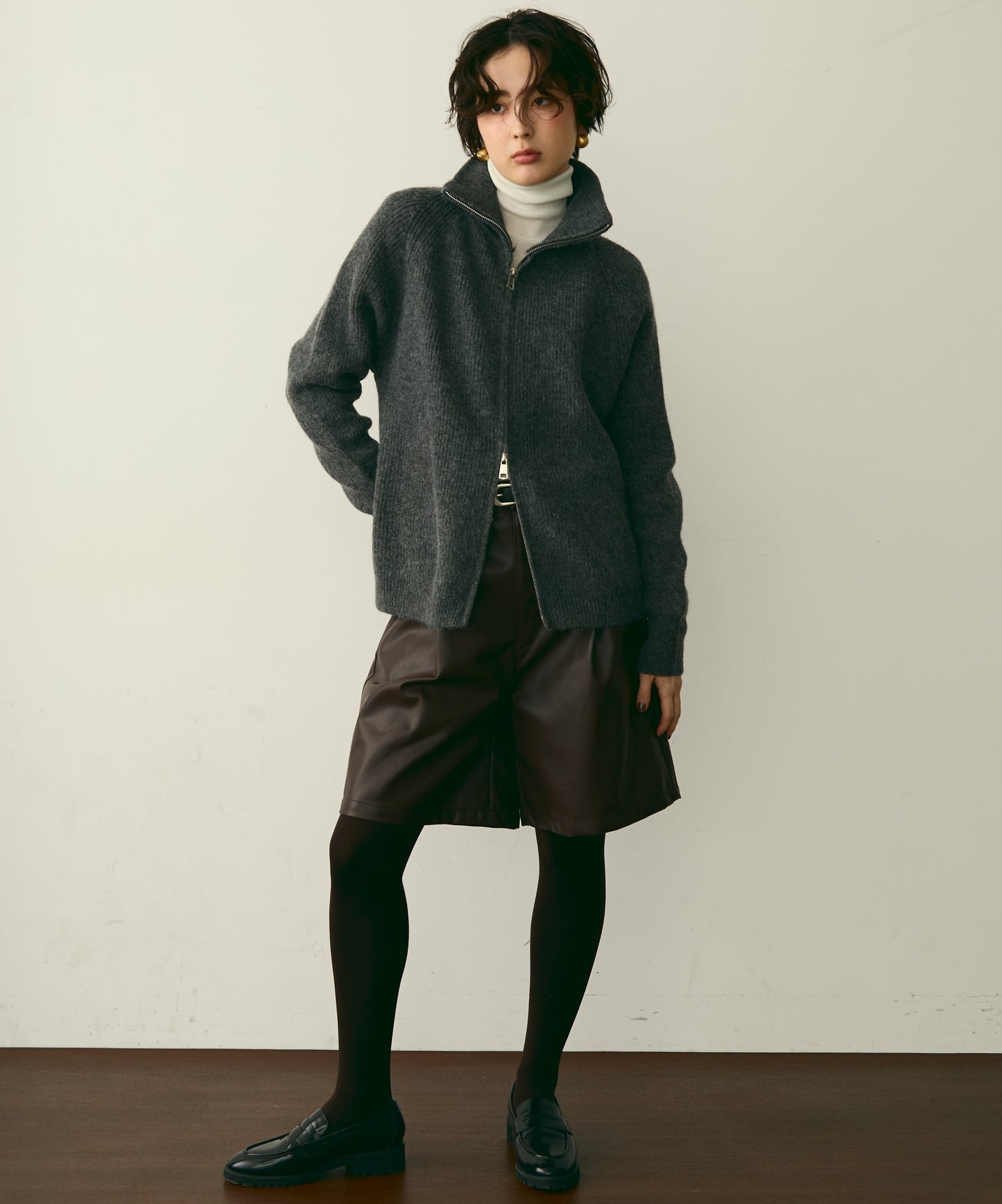 ハイネックダブルZIPラグランニットカーディガン