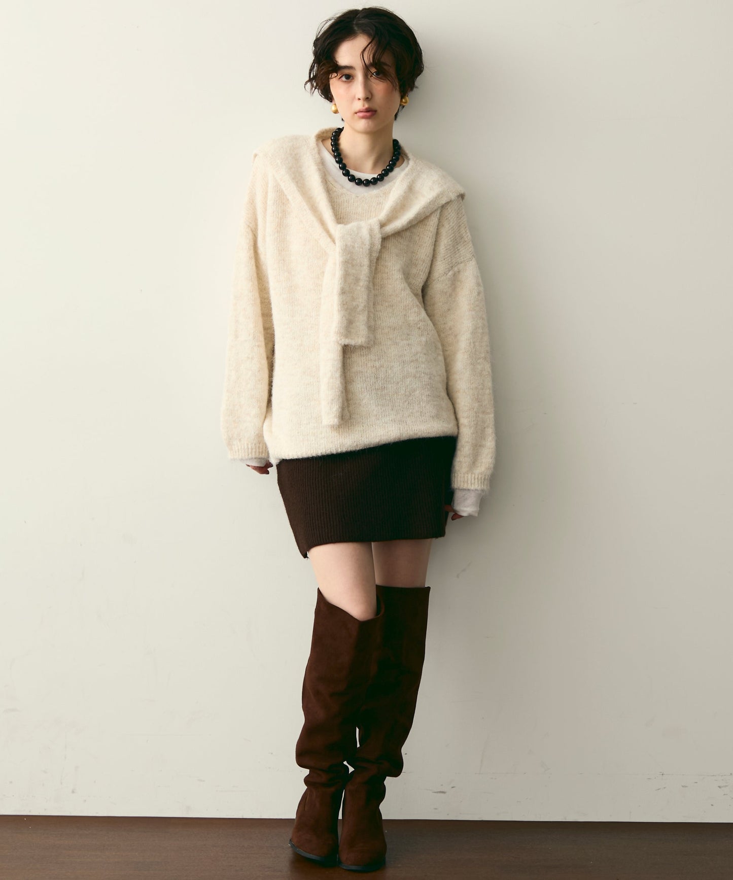 ストール付きシャギーニットプルオーバー