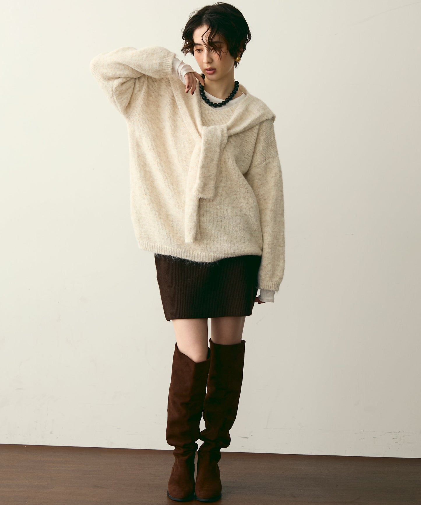 ストール付きシャギーニットプルオーバー