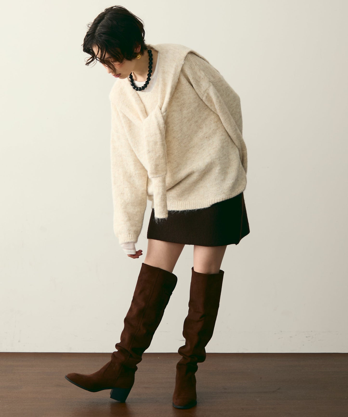 ストール付きシャギーニットプルオーバー