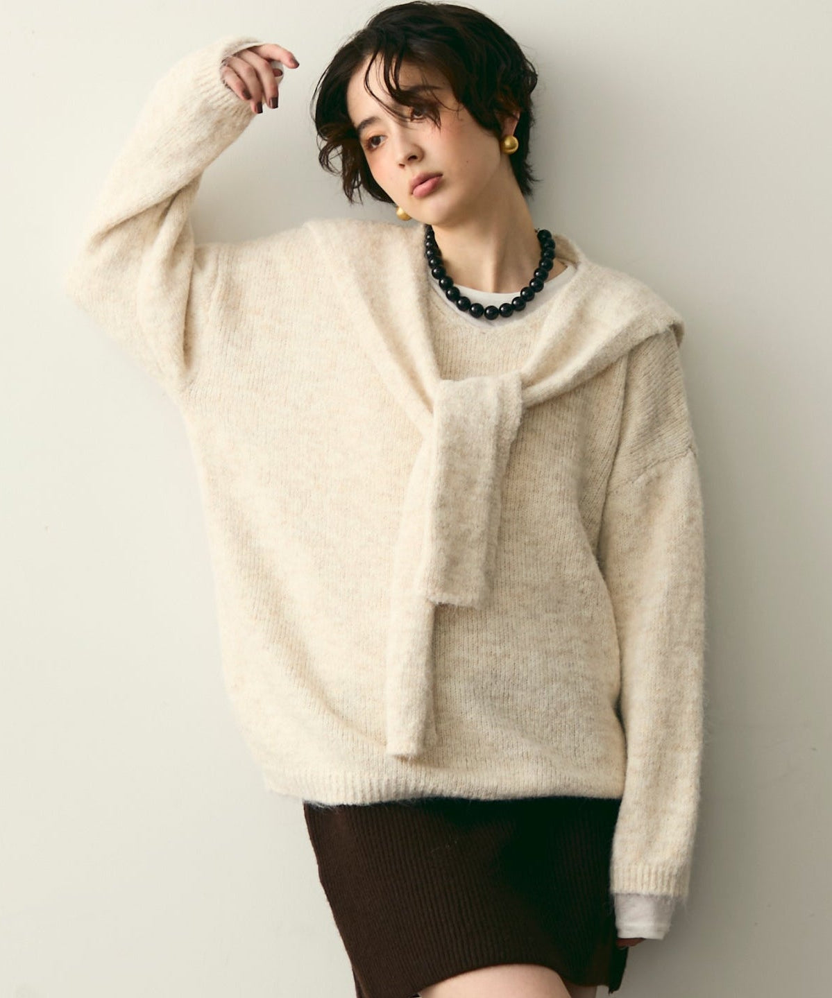 ストール付きシャギーニットプルオーバー