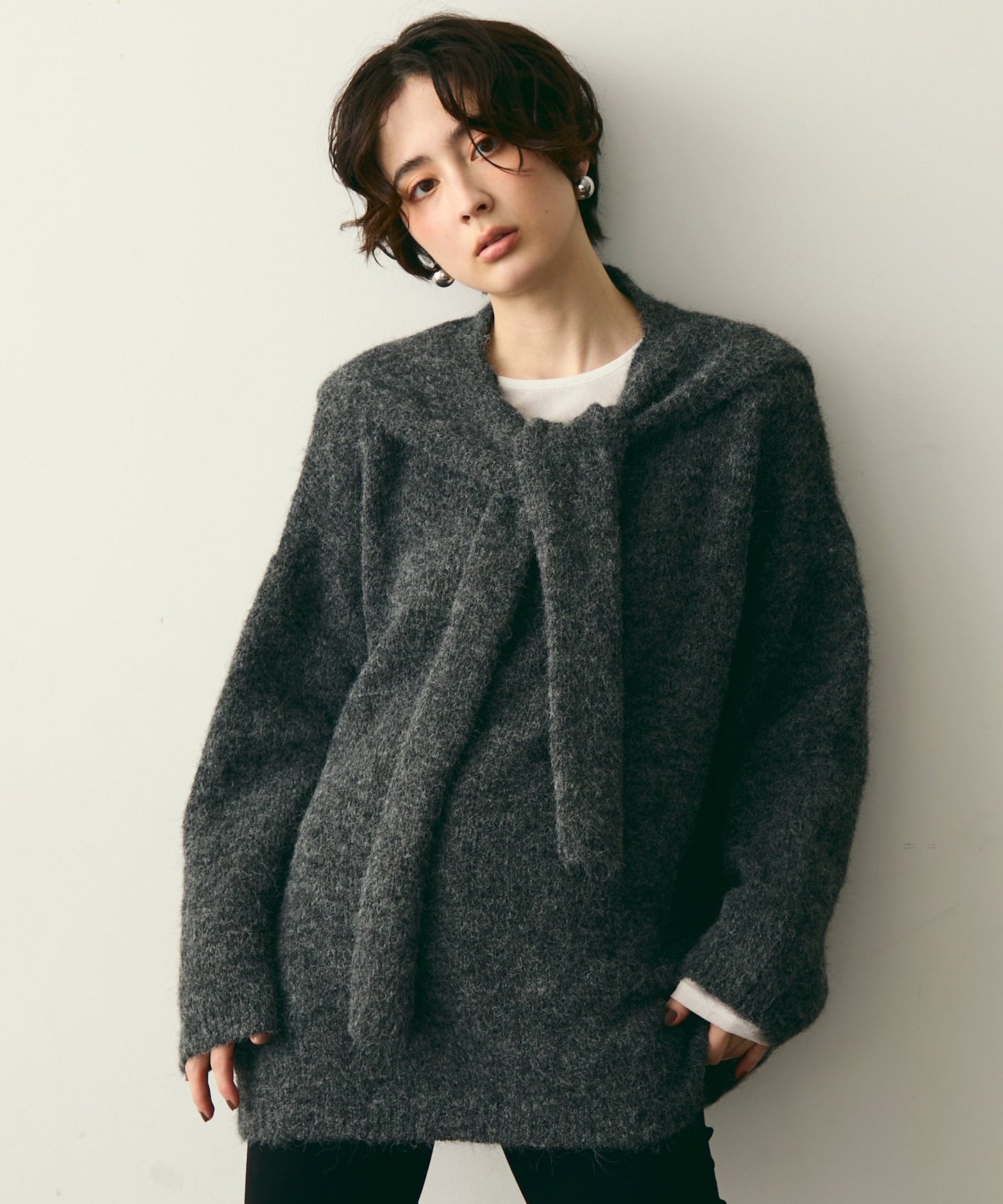 ストール付きシャギーニットプルオーバー