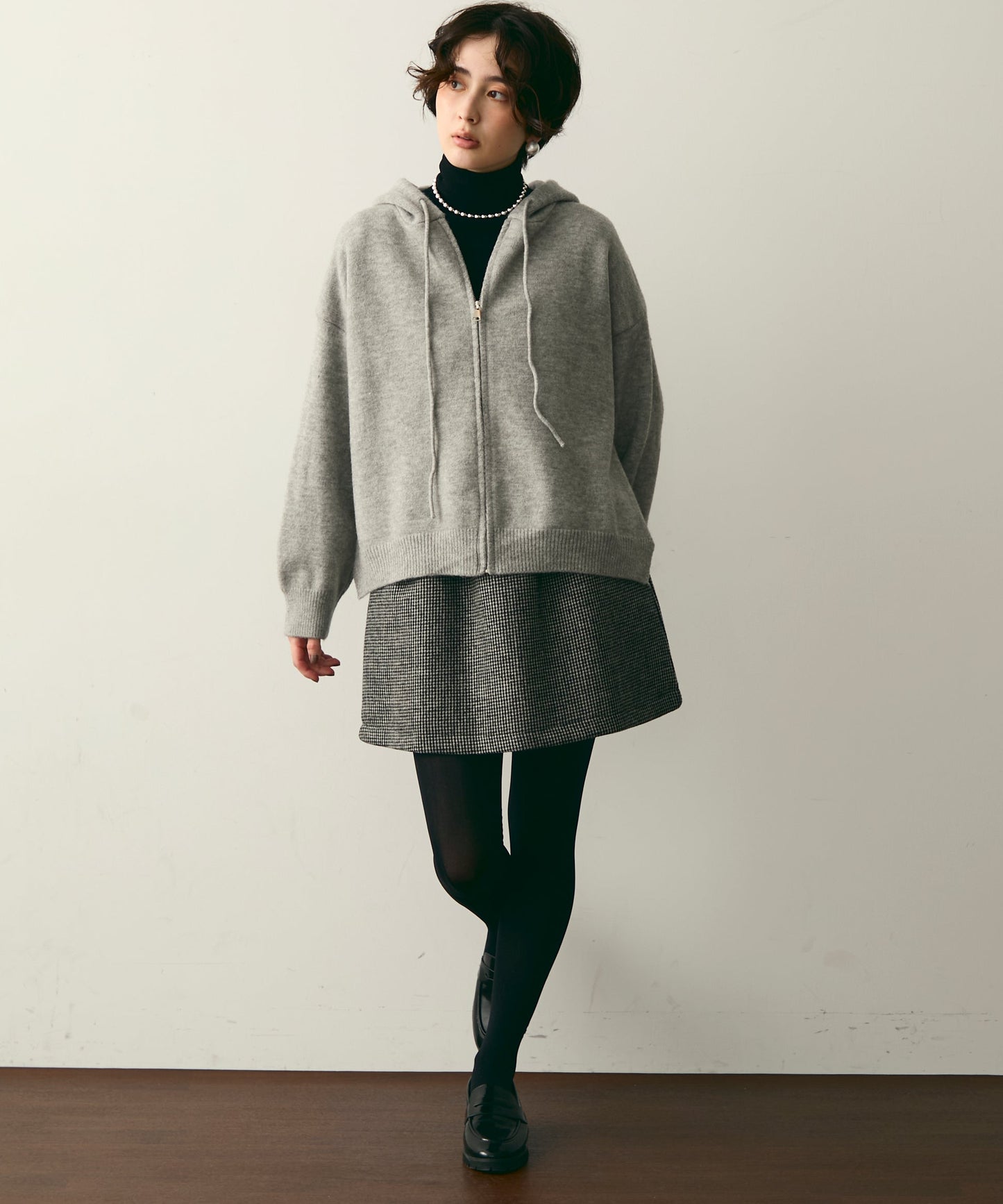 【裏起毛】ツイードギャザーミニスカート