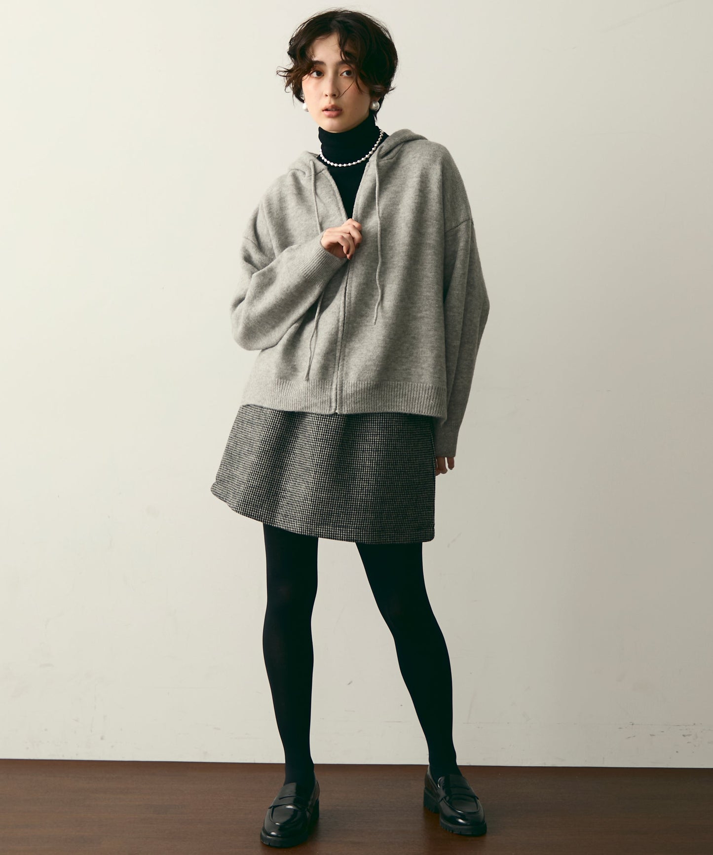 【裏起毛】ツイードギャザーミニスカート