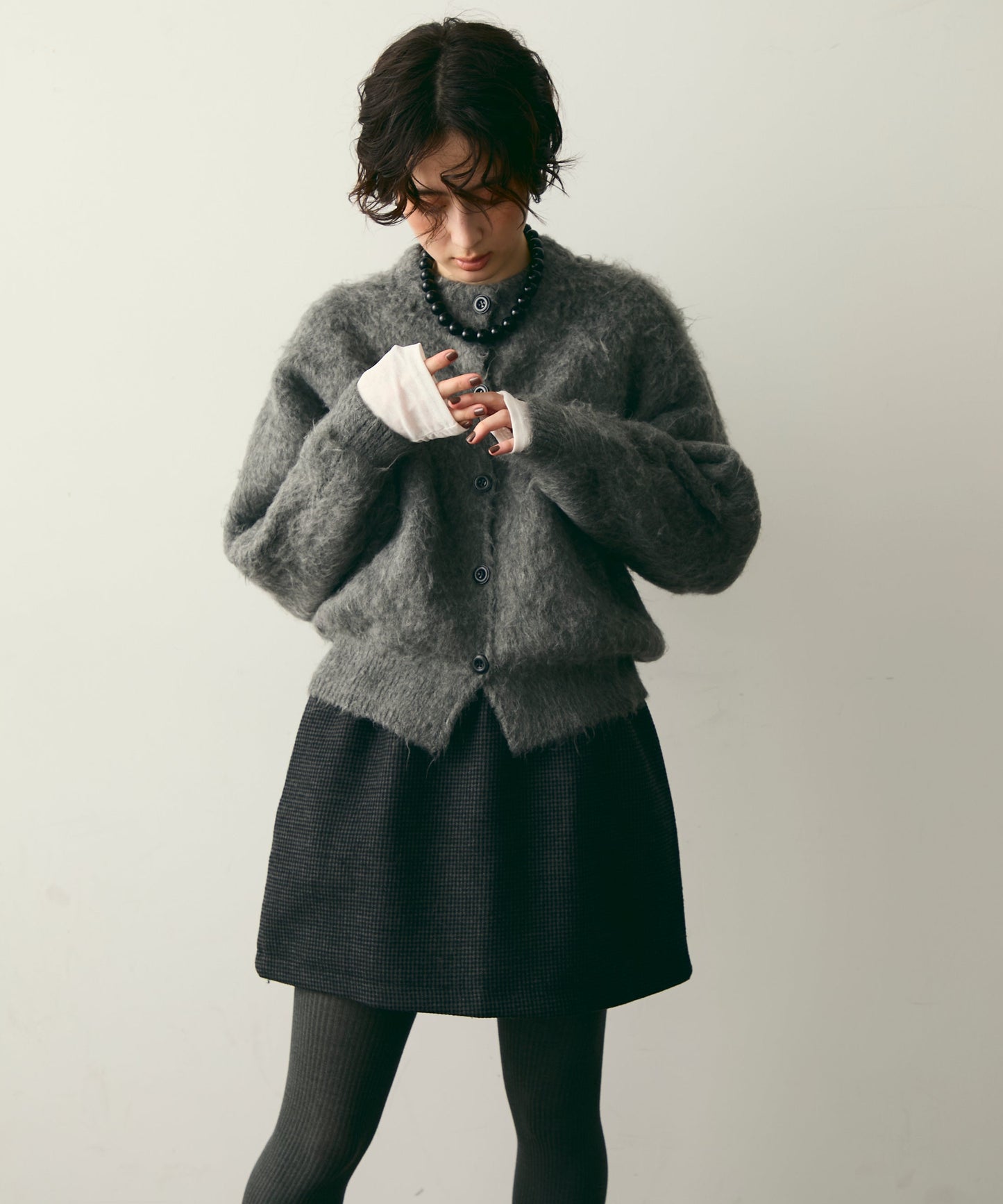 【裏起毛】ツイードギャザーミニスカート