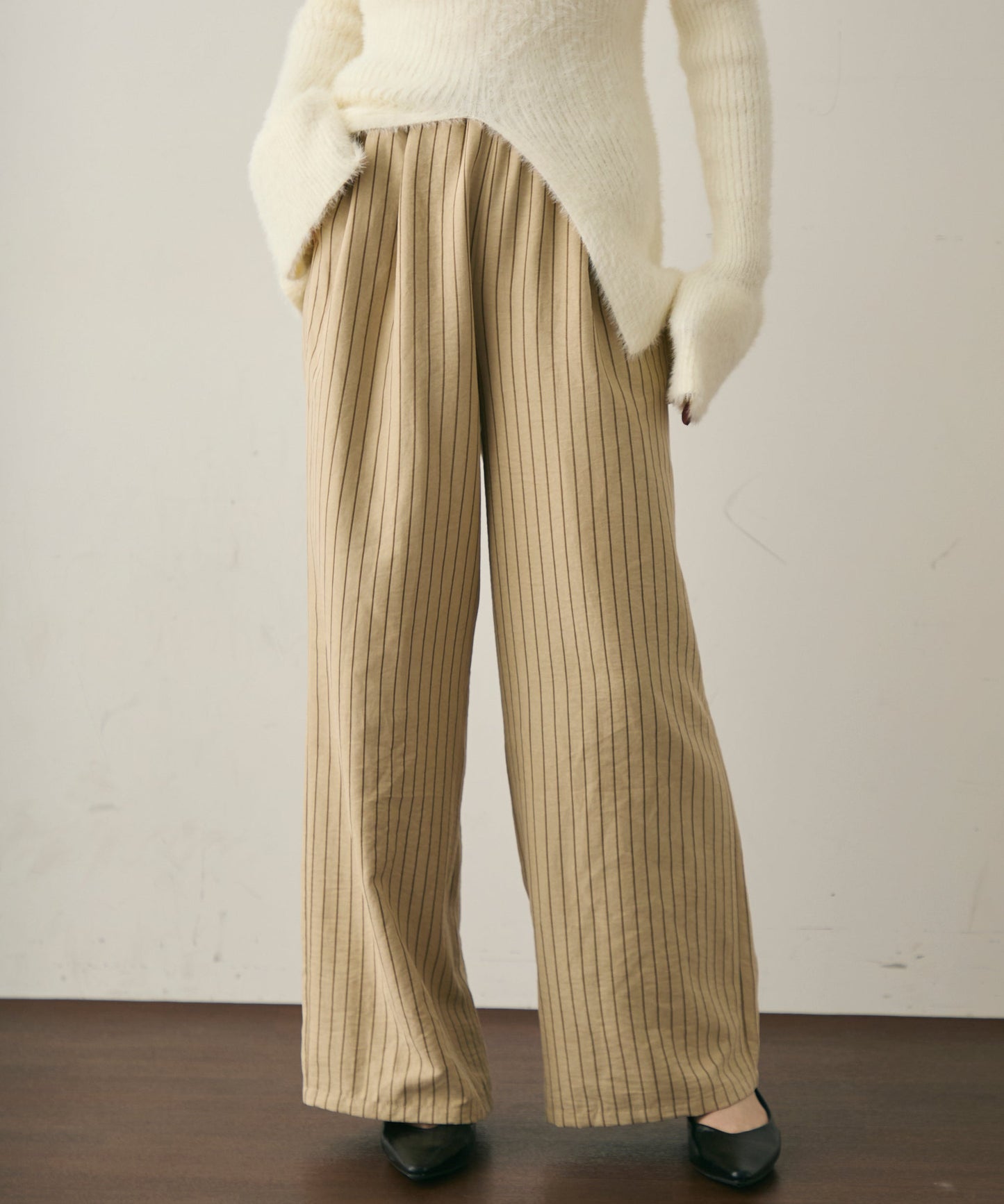 ピーチスキンストライプウエストギャザーイージーパンツ