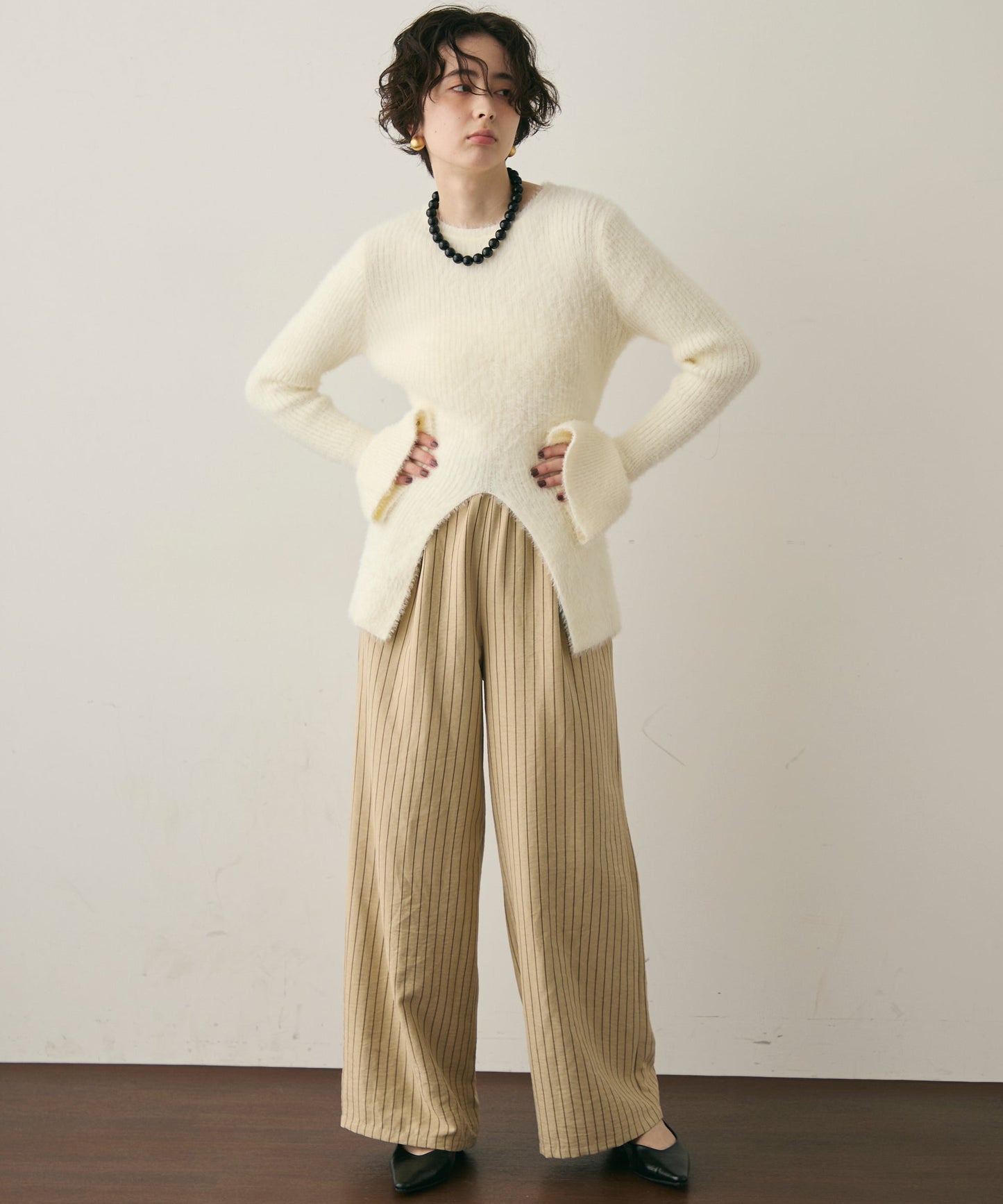 ピーチスキンストライプウエストギャザーイージーパンツ