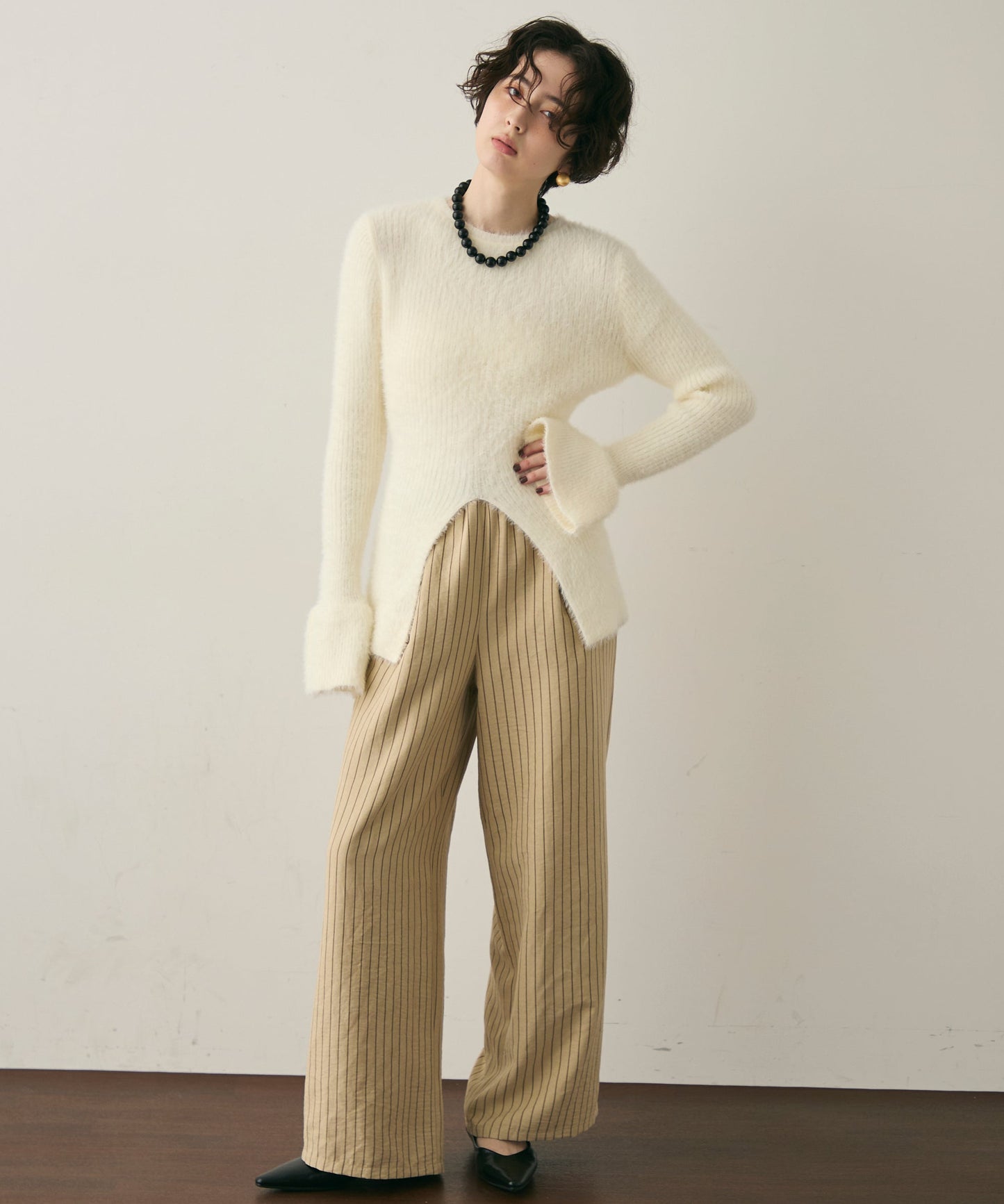 ピーチスキンストライプウエストギャザーイージーパンツ