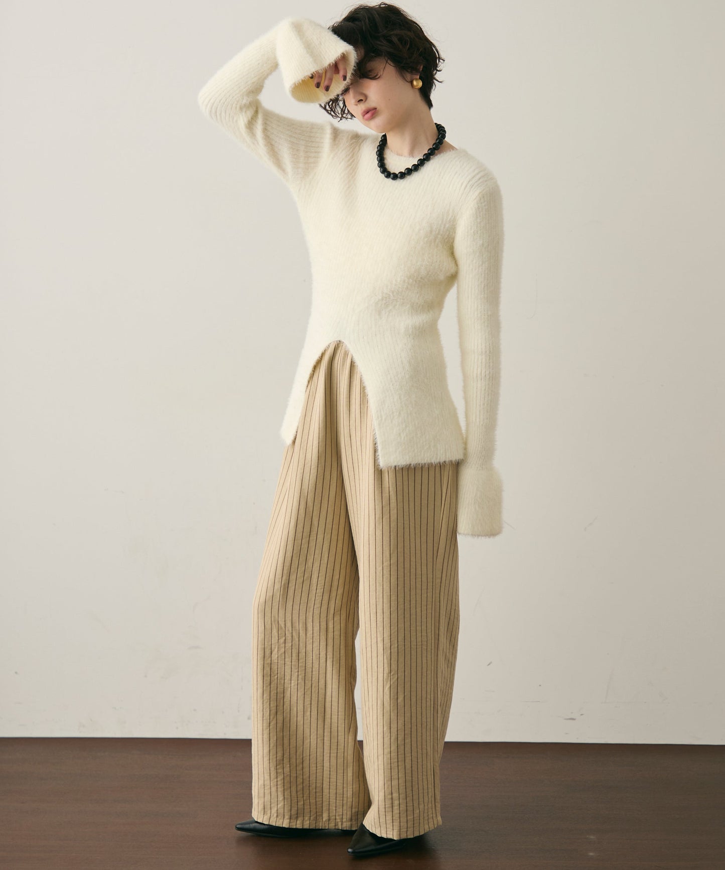 ピーチスキンストライプウエストギャザーイージーパンツ