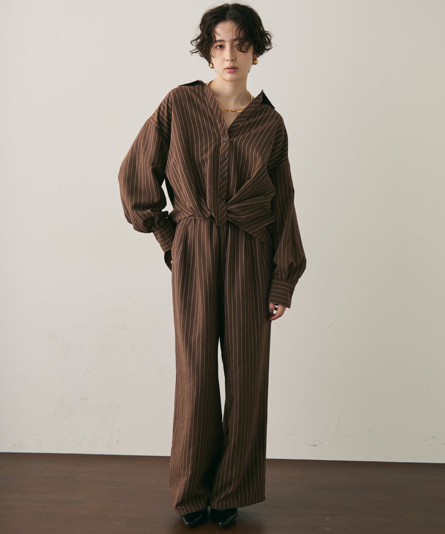 ピーチスキンストライプウエストギャザーイージーパンツ