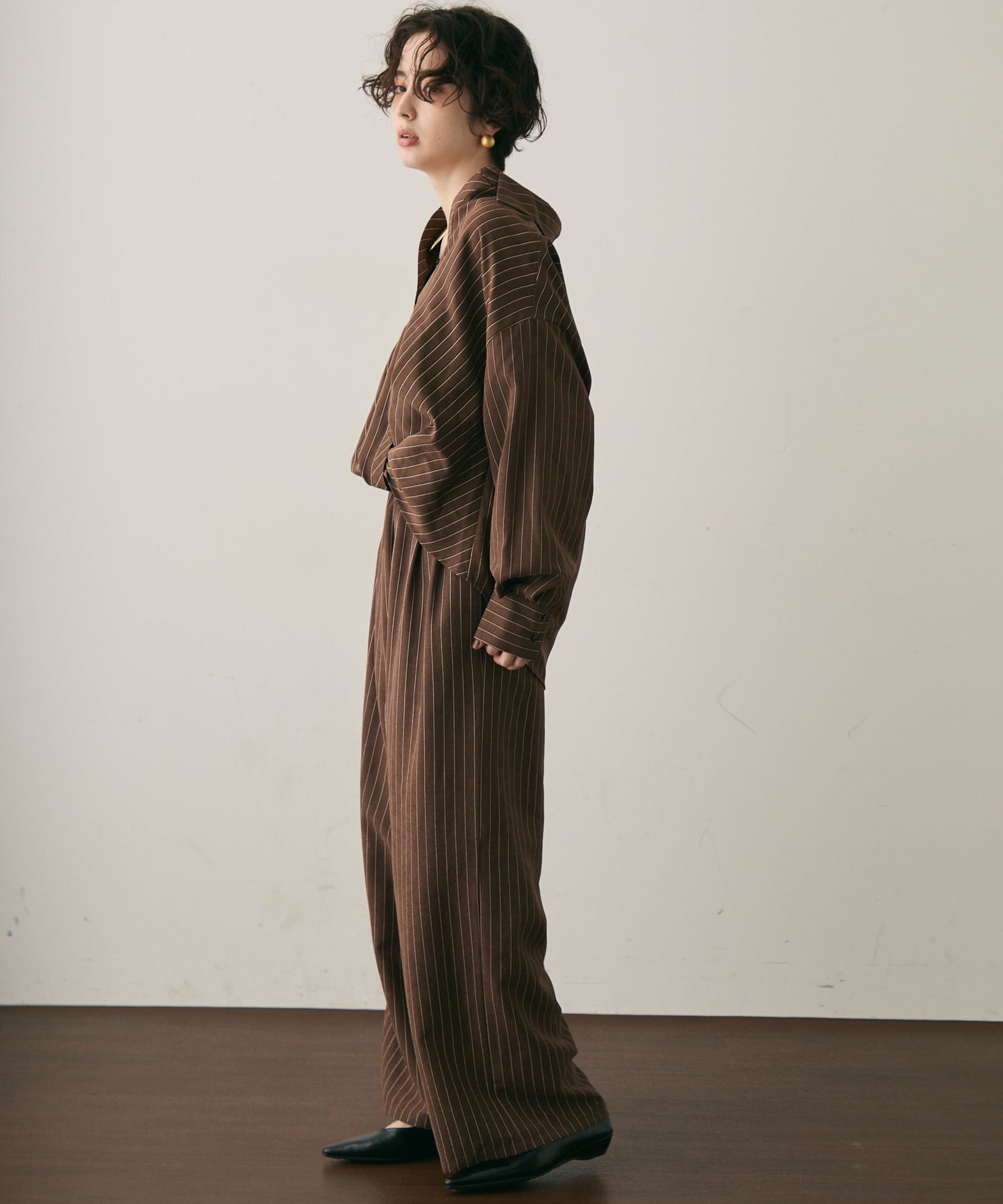 ピーチスキンストライプウエストギャザーイージーパンツ