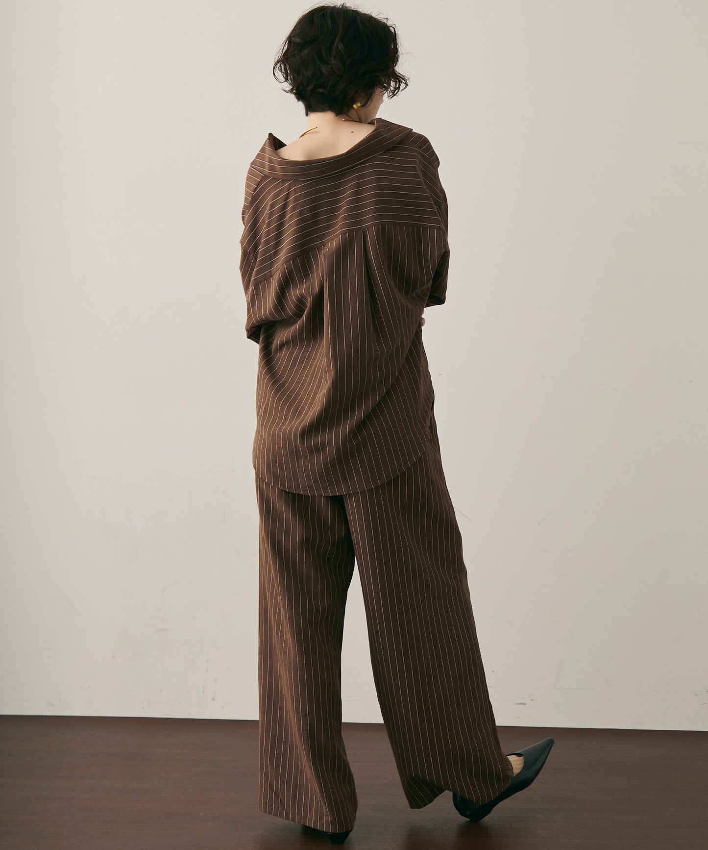 ピーチスキンストライプウエストギャザーイージーパンツ