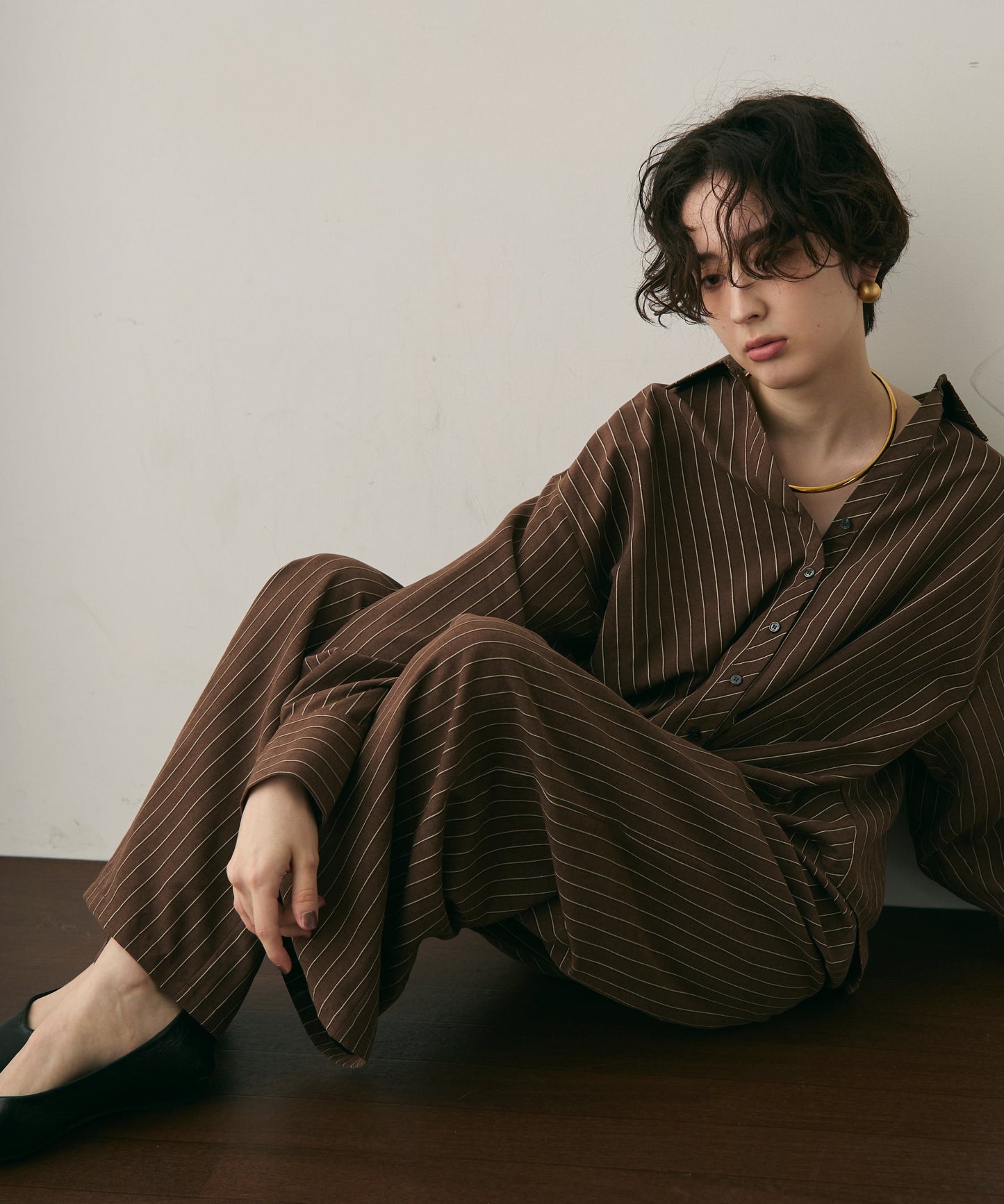 ピーチスキンストライプウエストギャザーイージーパンツ