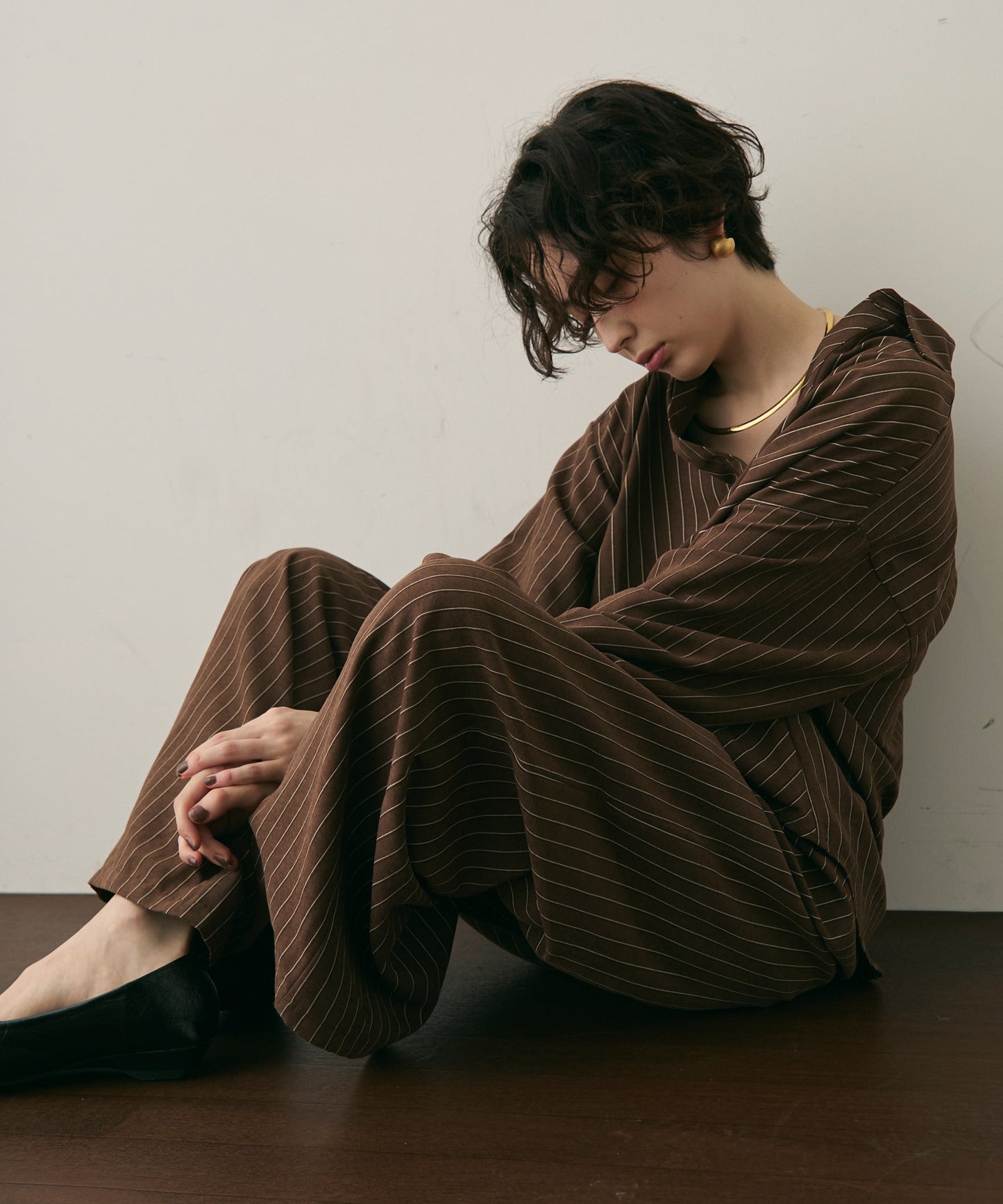 ピーチスキンストライプウエストギャザーイージーパンツ