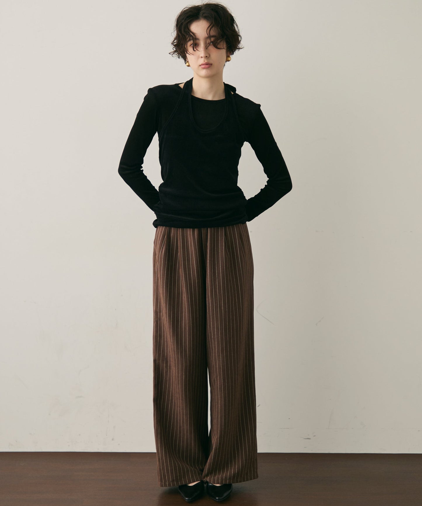 ピーチスキンストライプウエストギャザーイージーパンツ