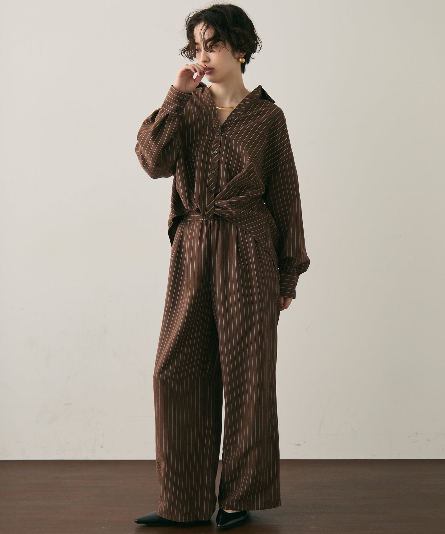 ピーチスキンストライプウエストギャザーイージーパンツ