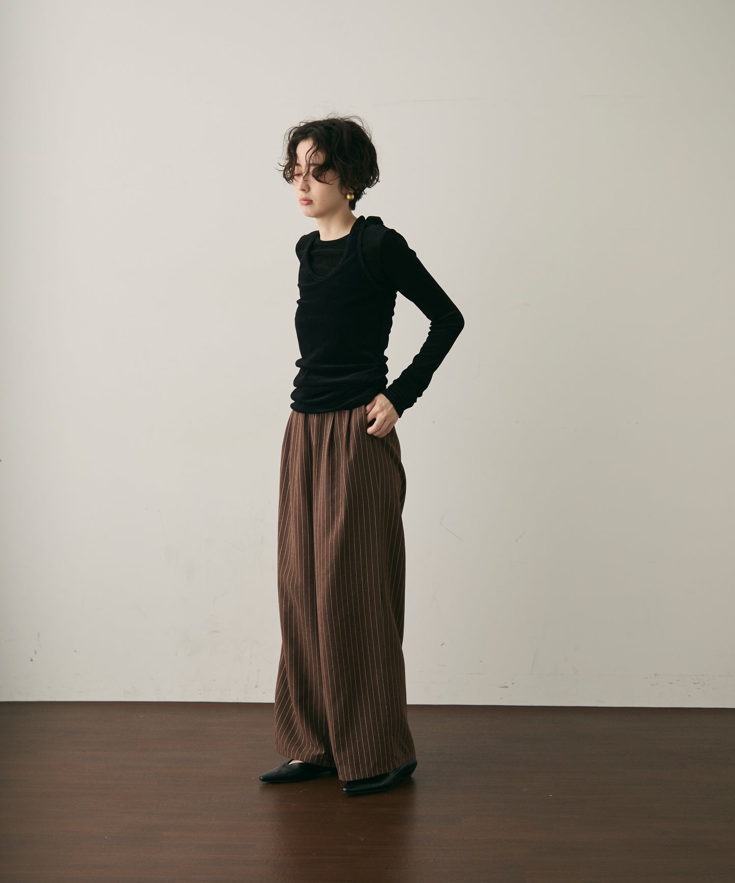 ピーチスキンストライプウエストギャザーイージーパンツ