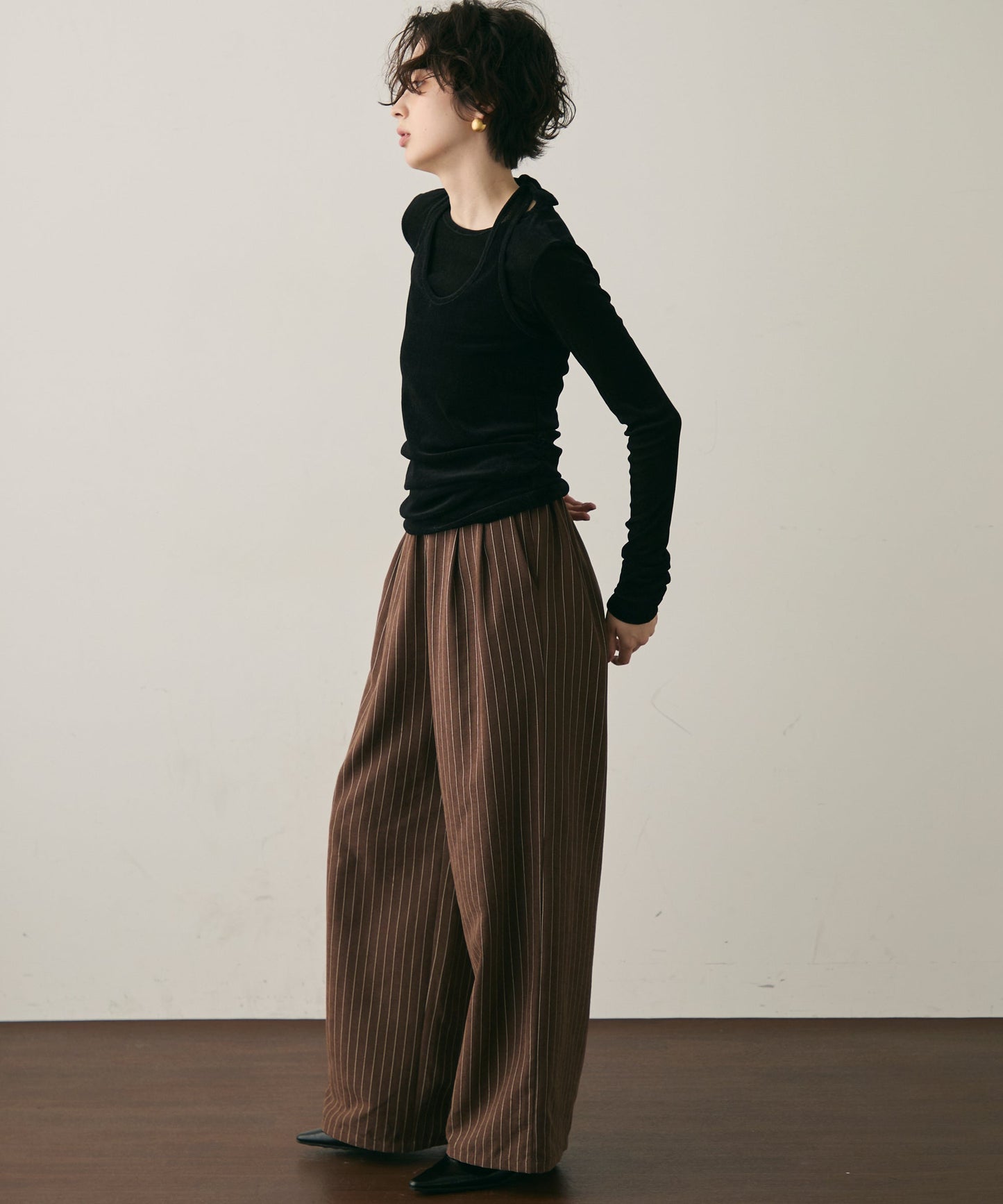 ピーチスキンストライプウエストギャザーイージーパンツ