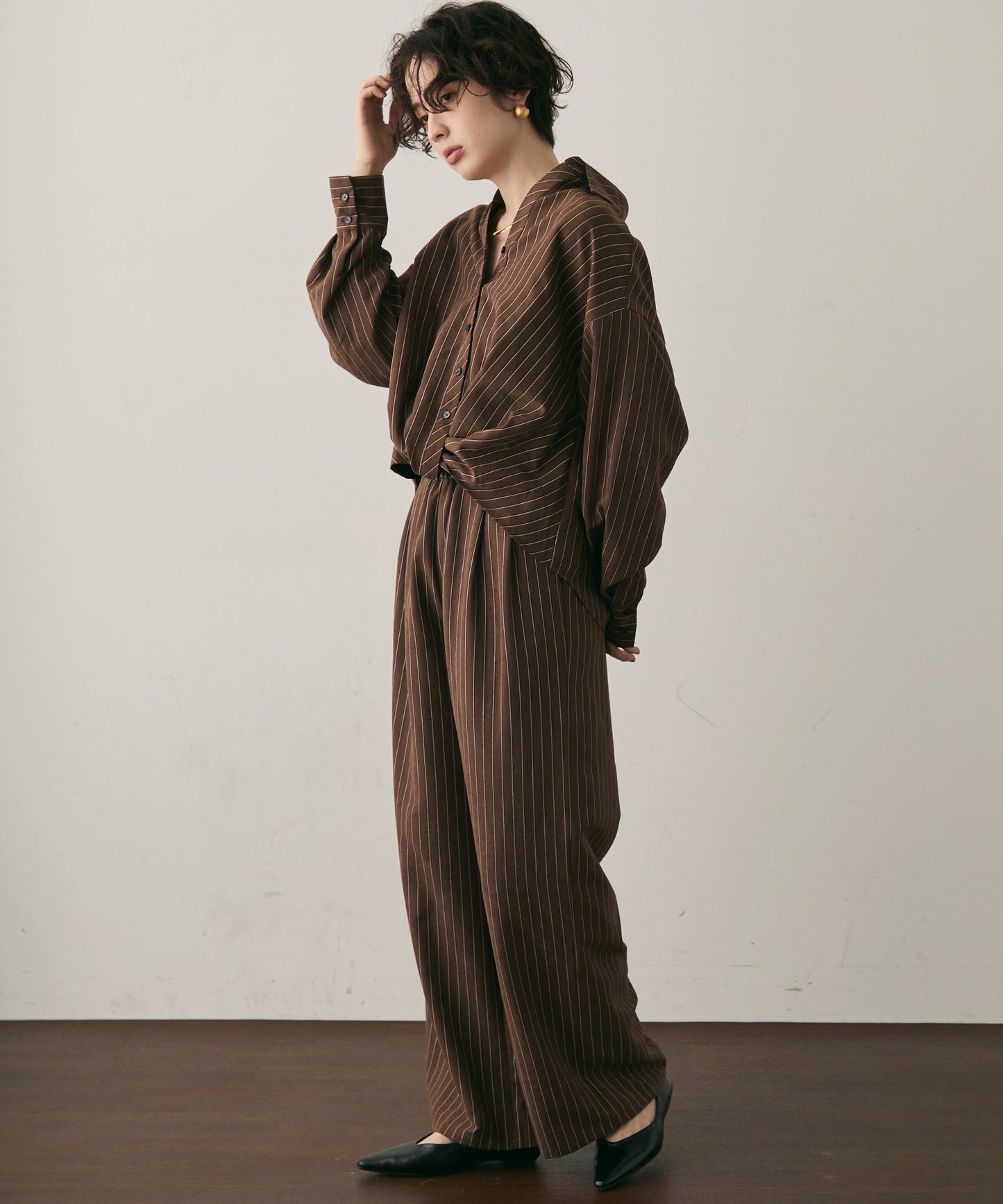 ピーチスキンストライプウエストギャザーイージーパンツ