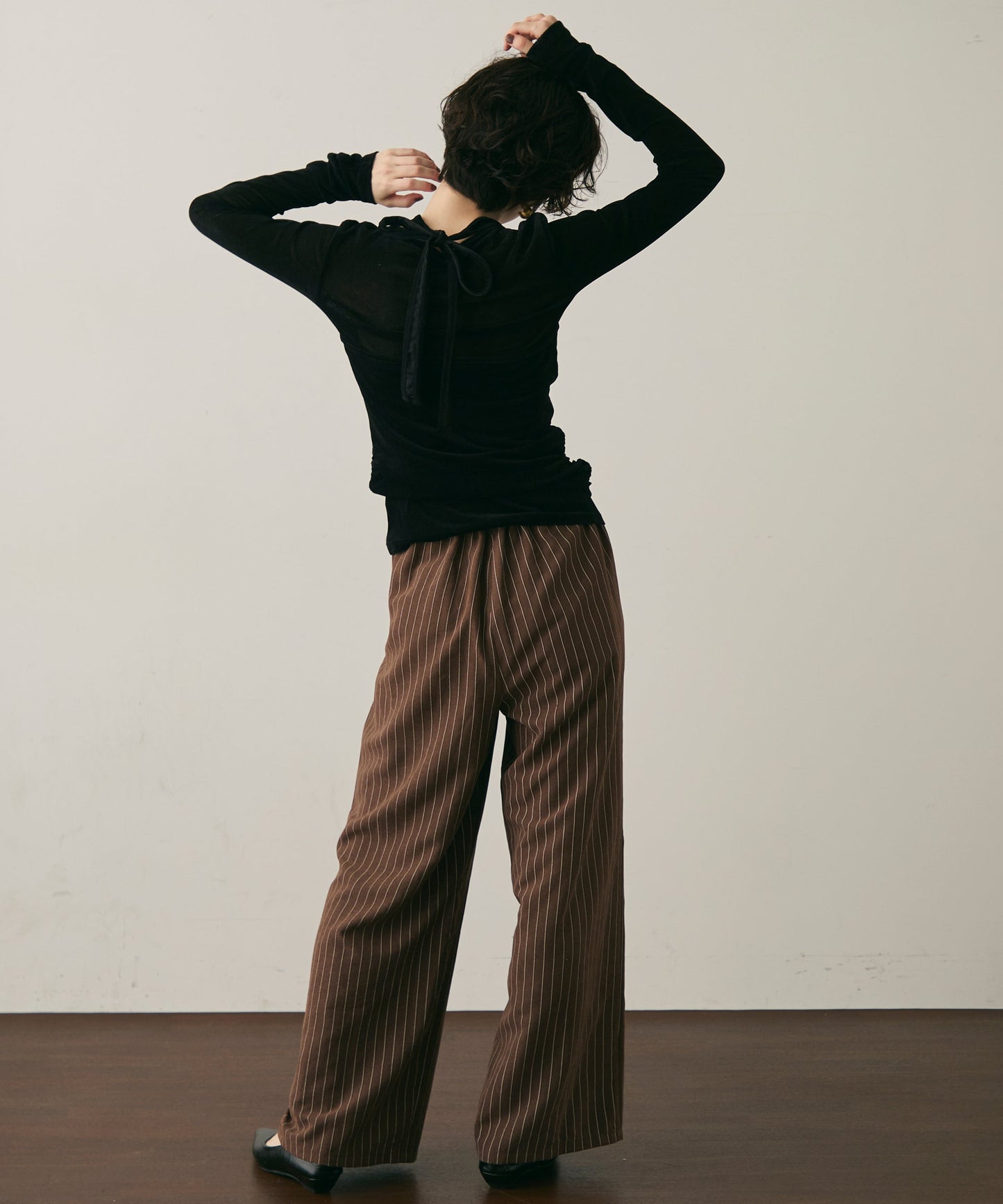 ピーチスキンストライプウエストギャザーイージーパンツ