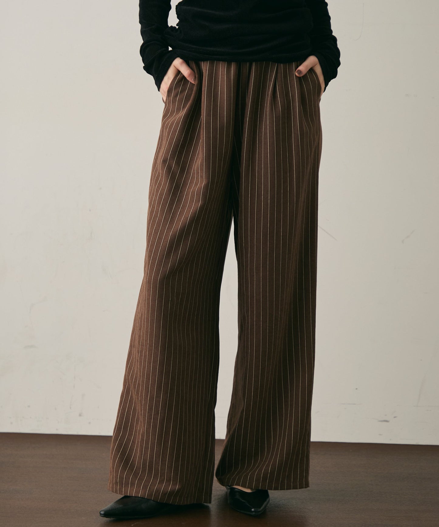 ピーチスキンストライプウエストギャザーイージーパンツ