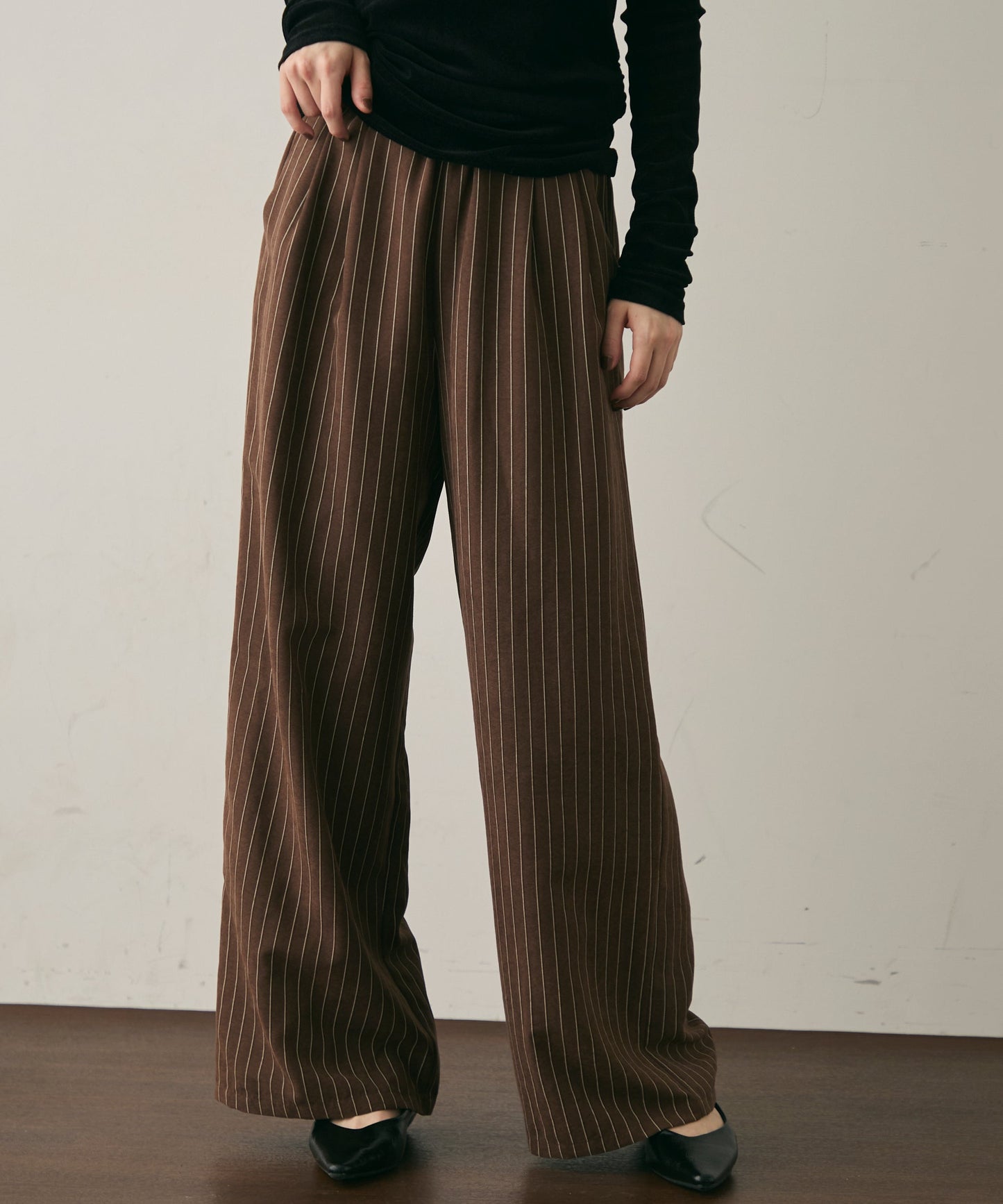 ピーチスキンストライプウエストギャザーイージーパンツ