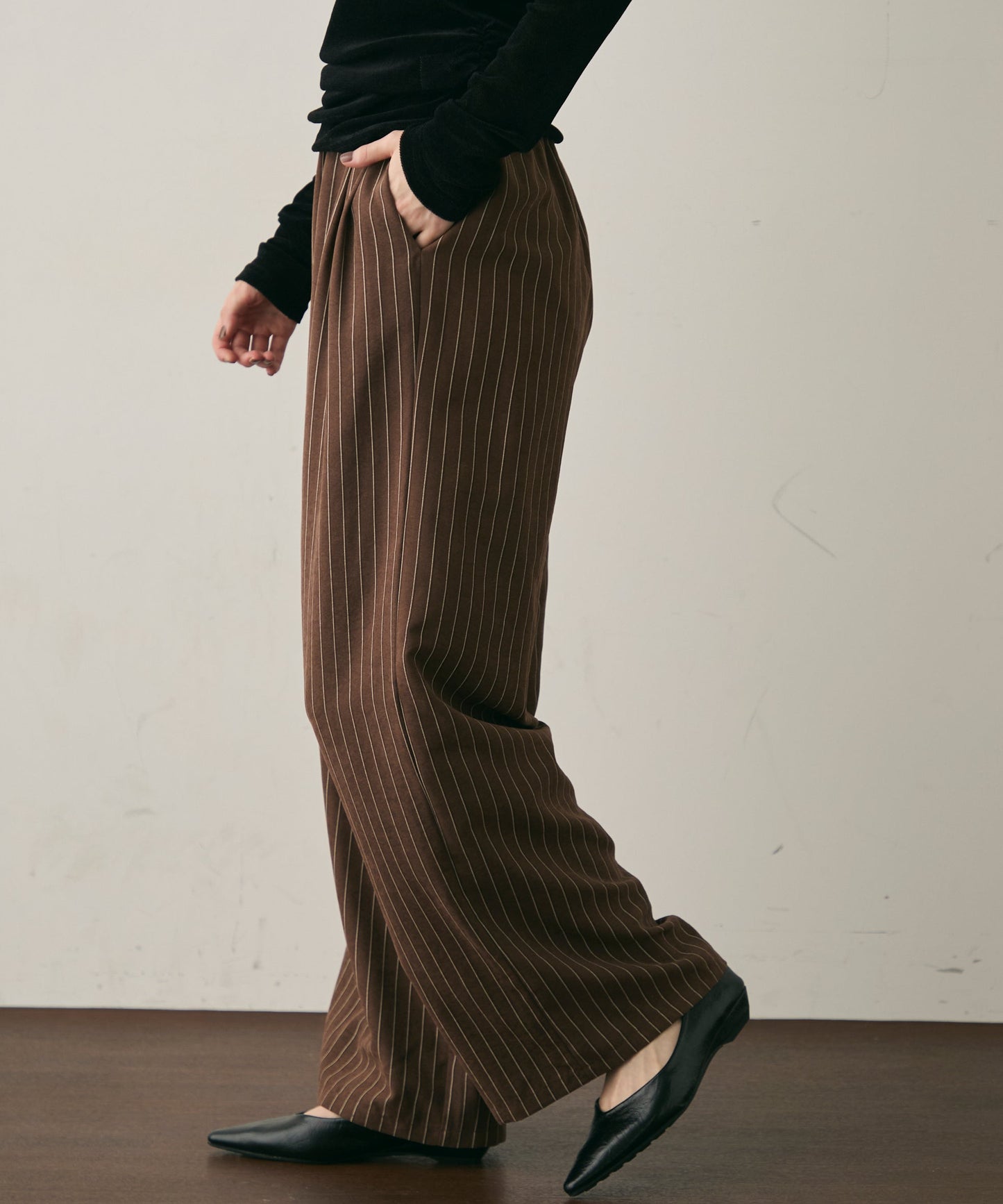 ピーチスキンストライプウエストギャザーイージーパンツ