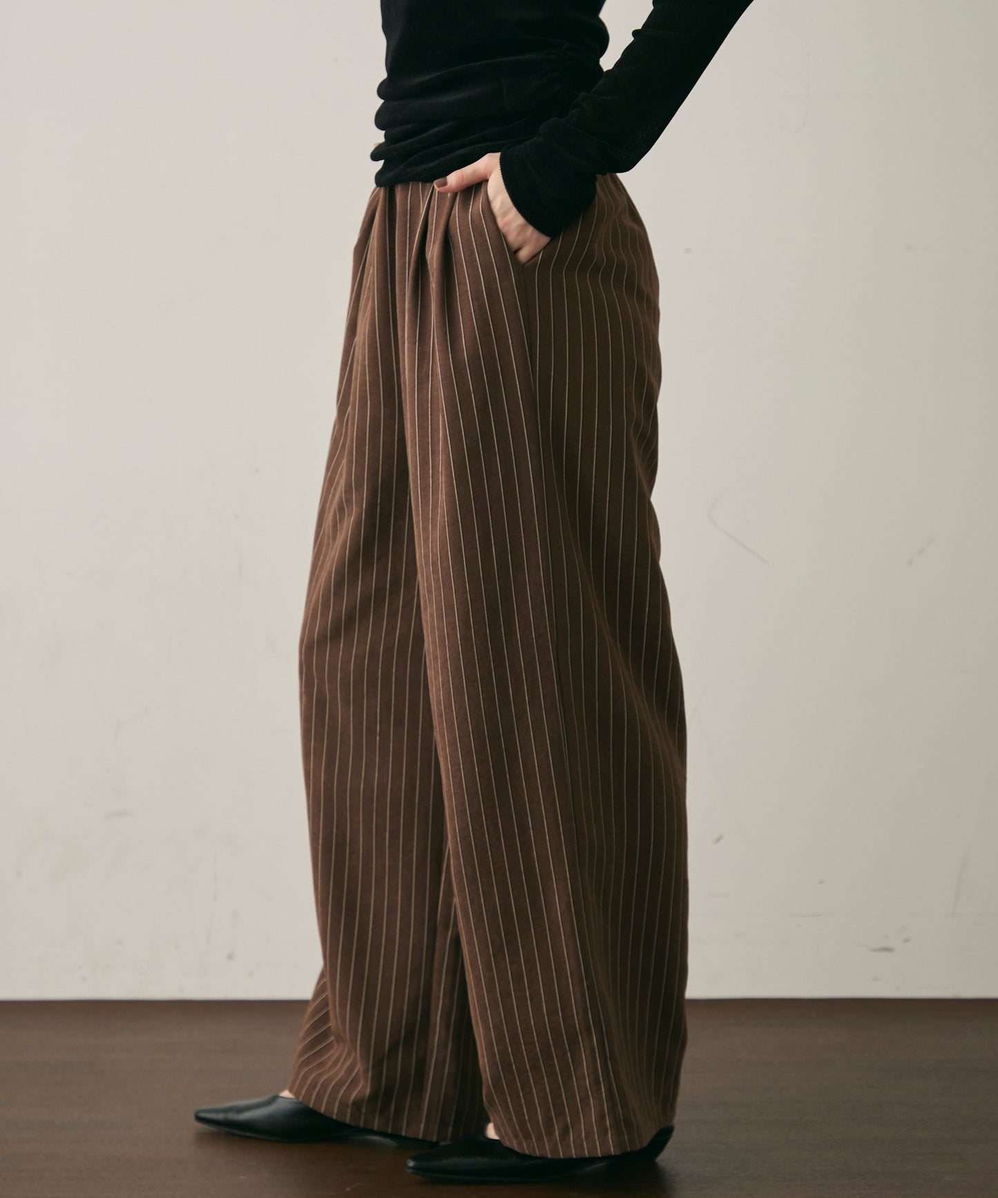 ピーチスキンストライプウエストギャザーイージーパンツ