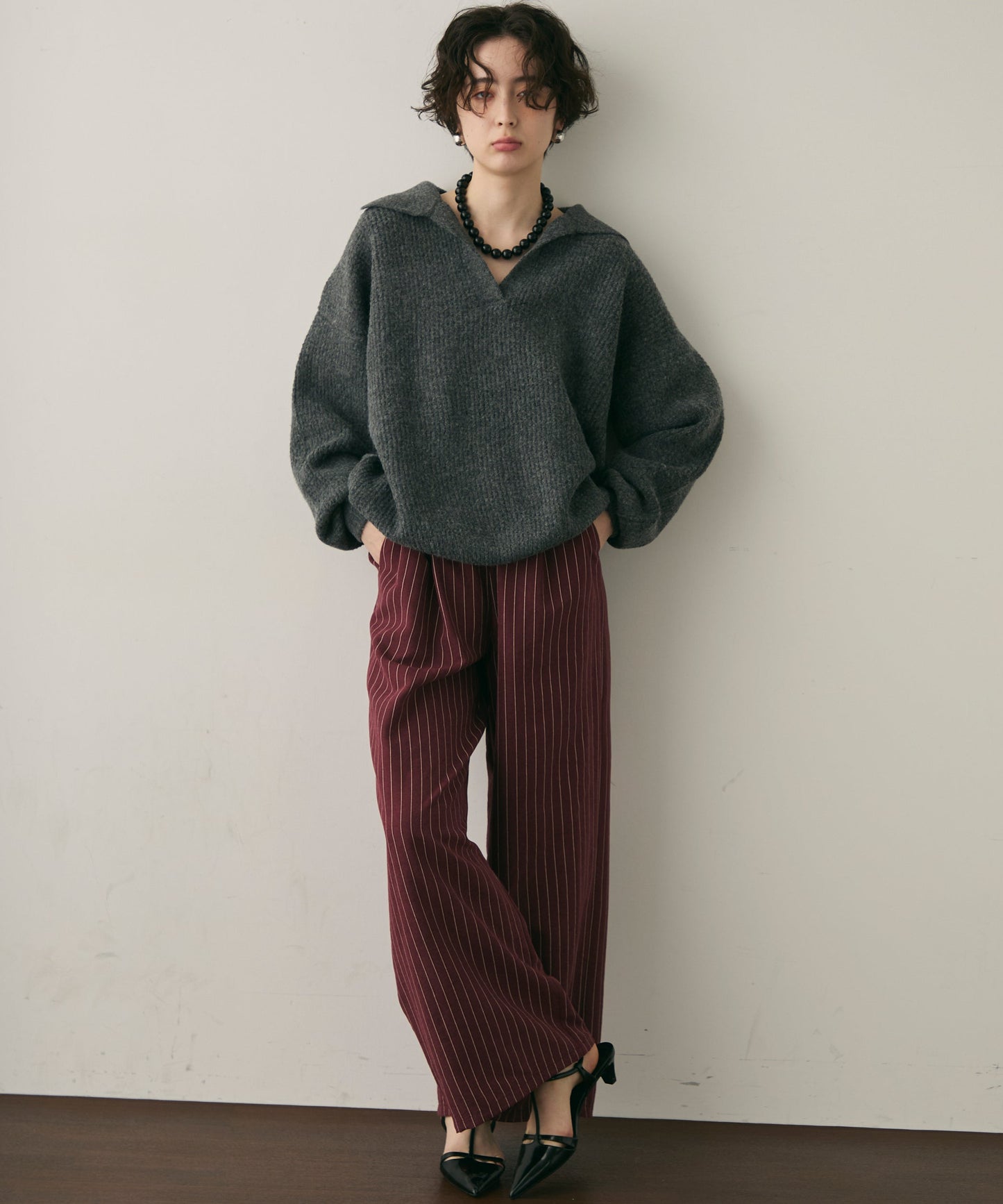 ピーチスキンストライプウエストギャザーイージーパンツ